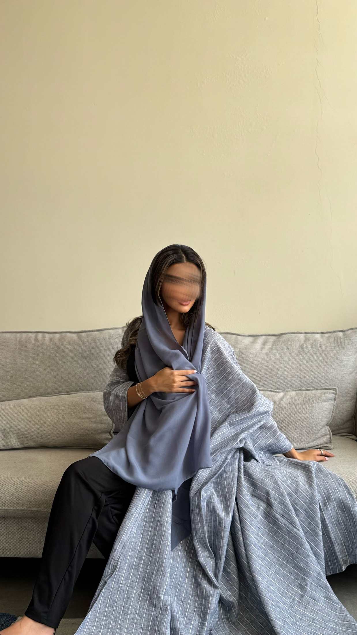 MW1524 - عباية لنن زرقاء بشت | Blue Linen Bisht Abaya - Aya