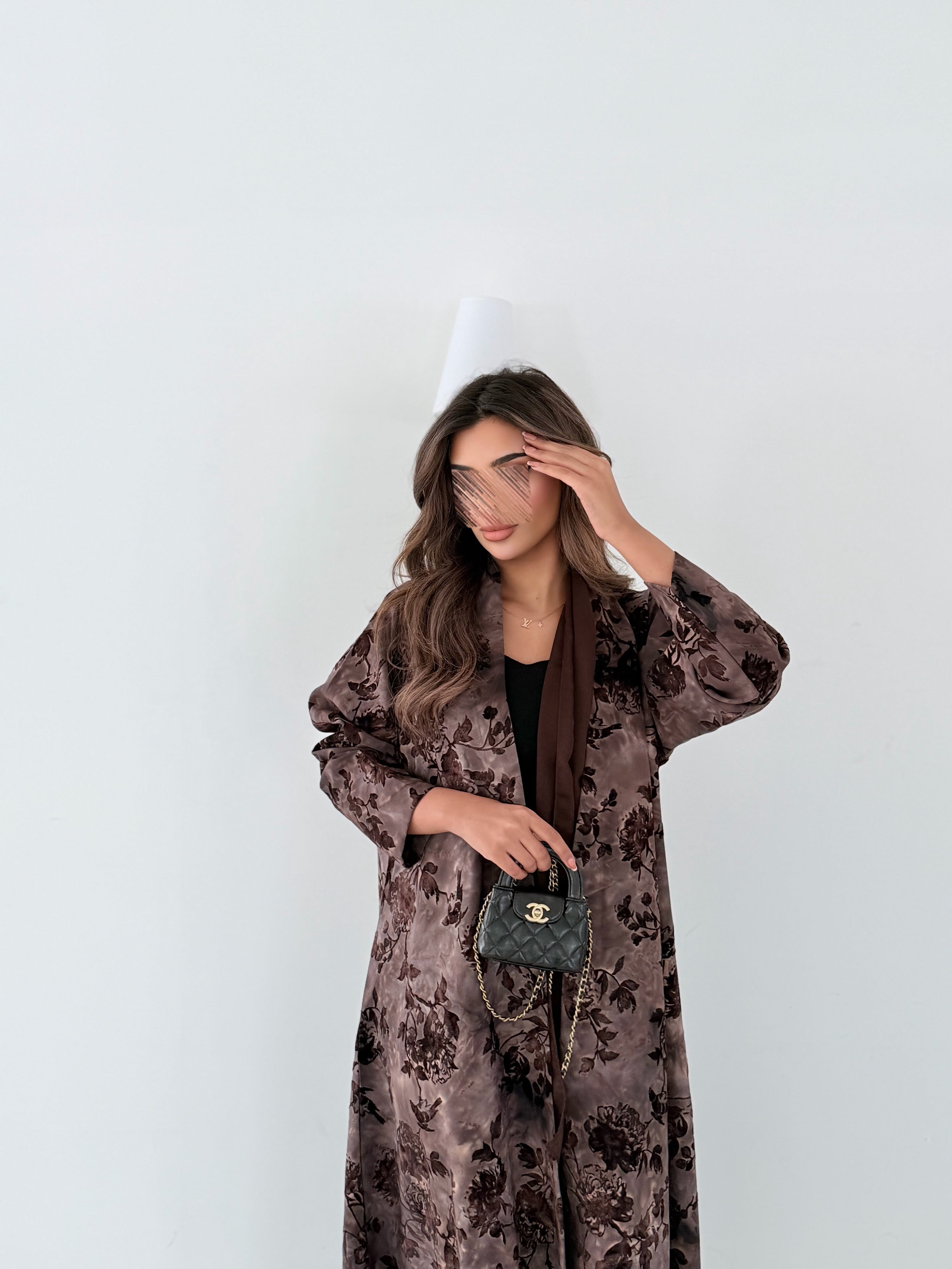 MWT5006 - عبايه بني طباعة كريب قصة نص كلوش - Aya