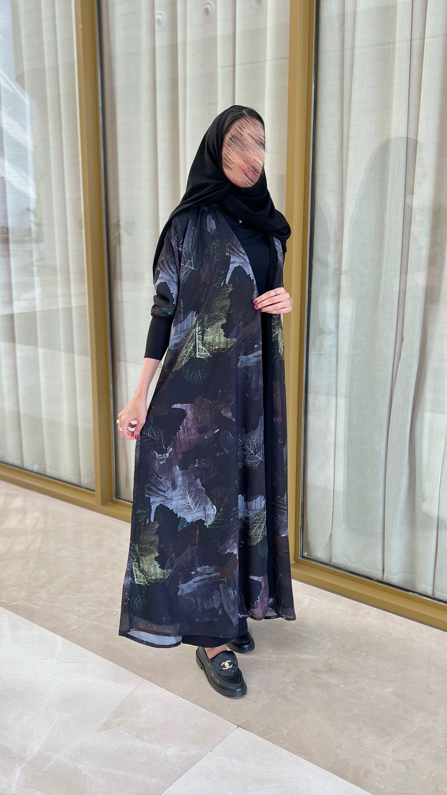 MW1698 - عباية نص كلوش مشجرة مبطن مع اكمام استرتش - Aya