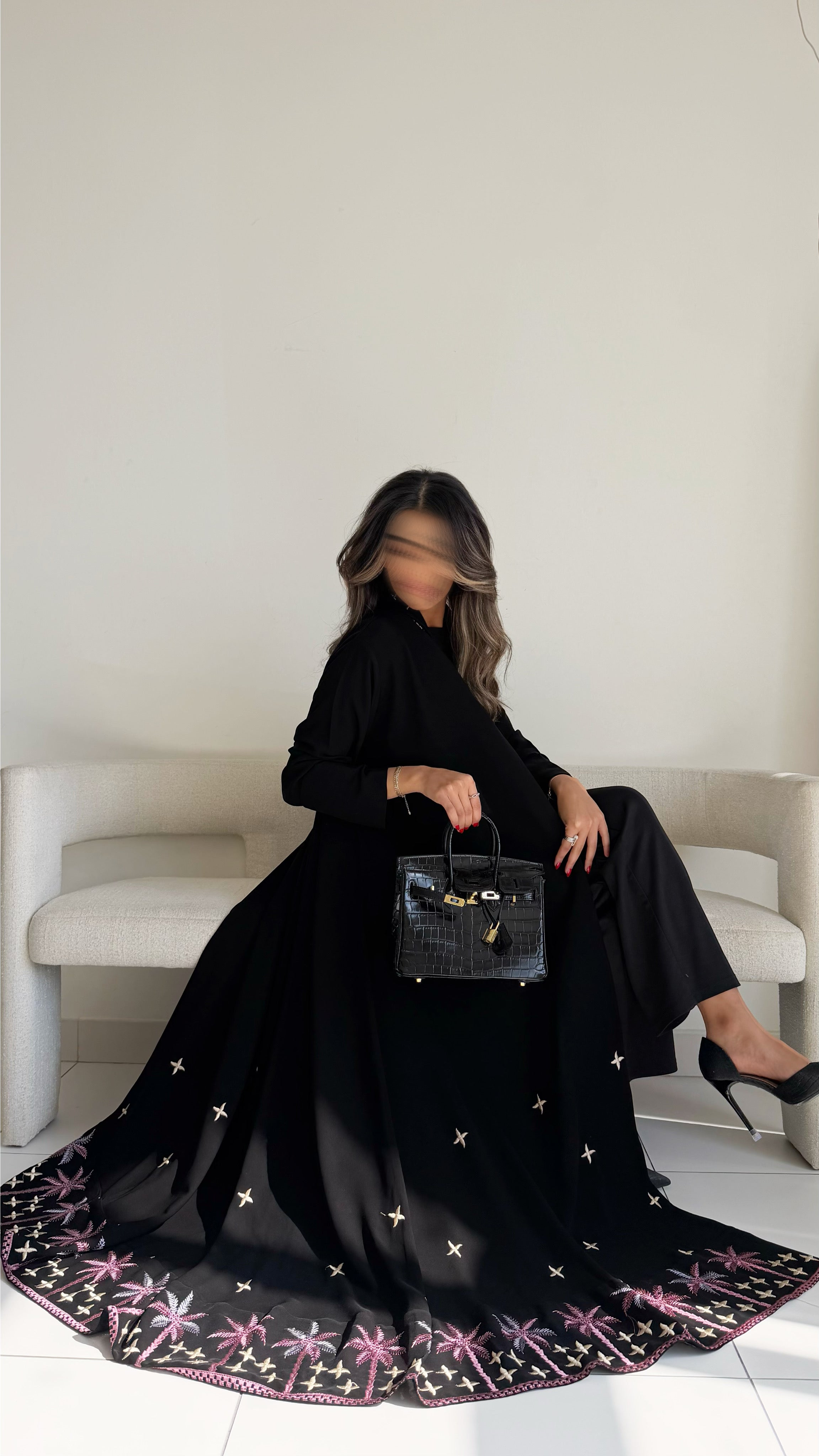 MW1575 - عباية كريب كلوش بتطريز يدوي | Hand-Embroidered Crepe Flared Abaya