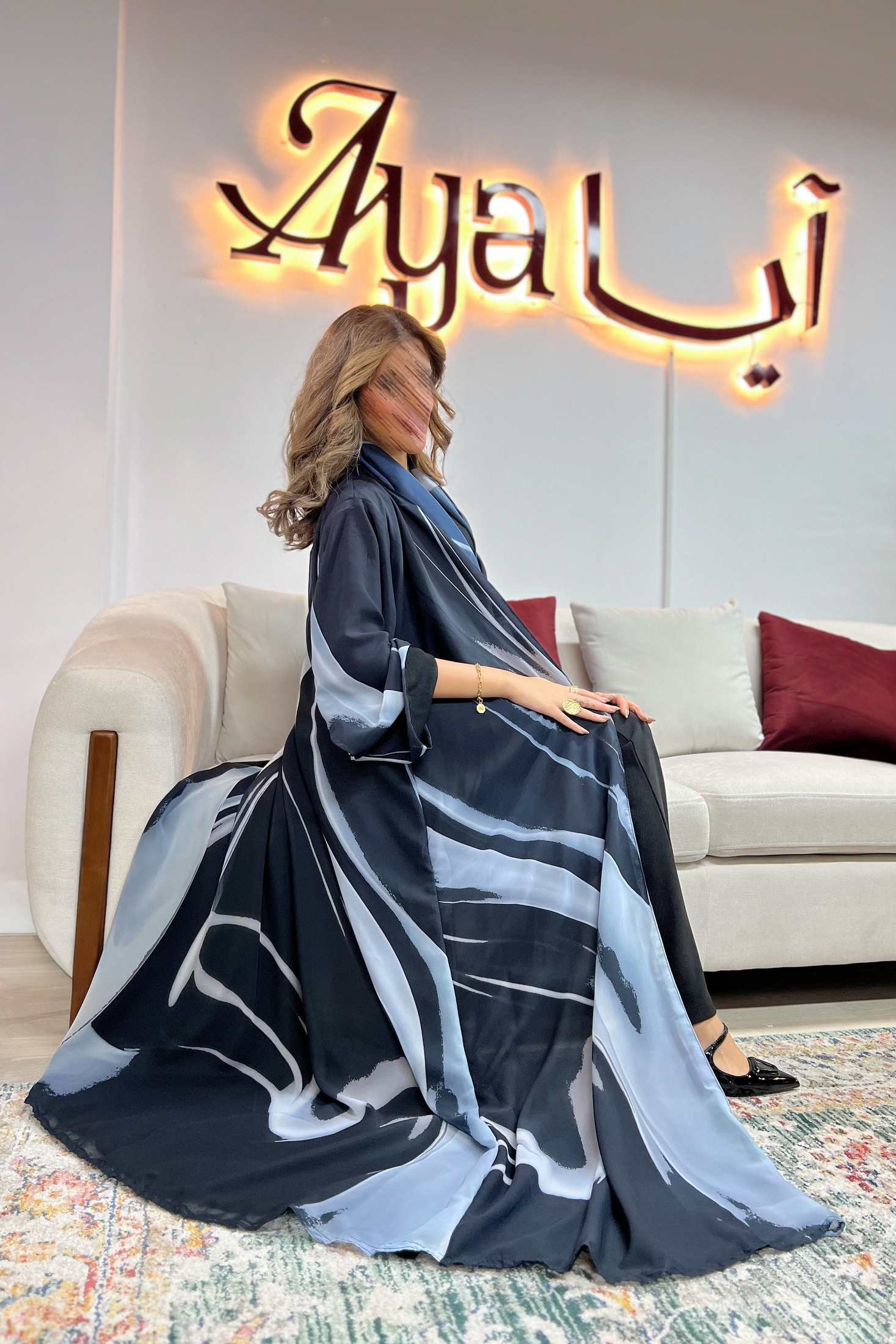 MWT441  - عباية طباعة ازرق وسماوي - Aya