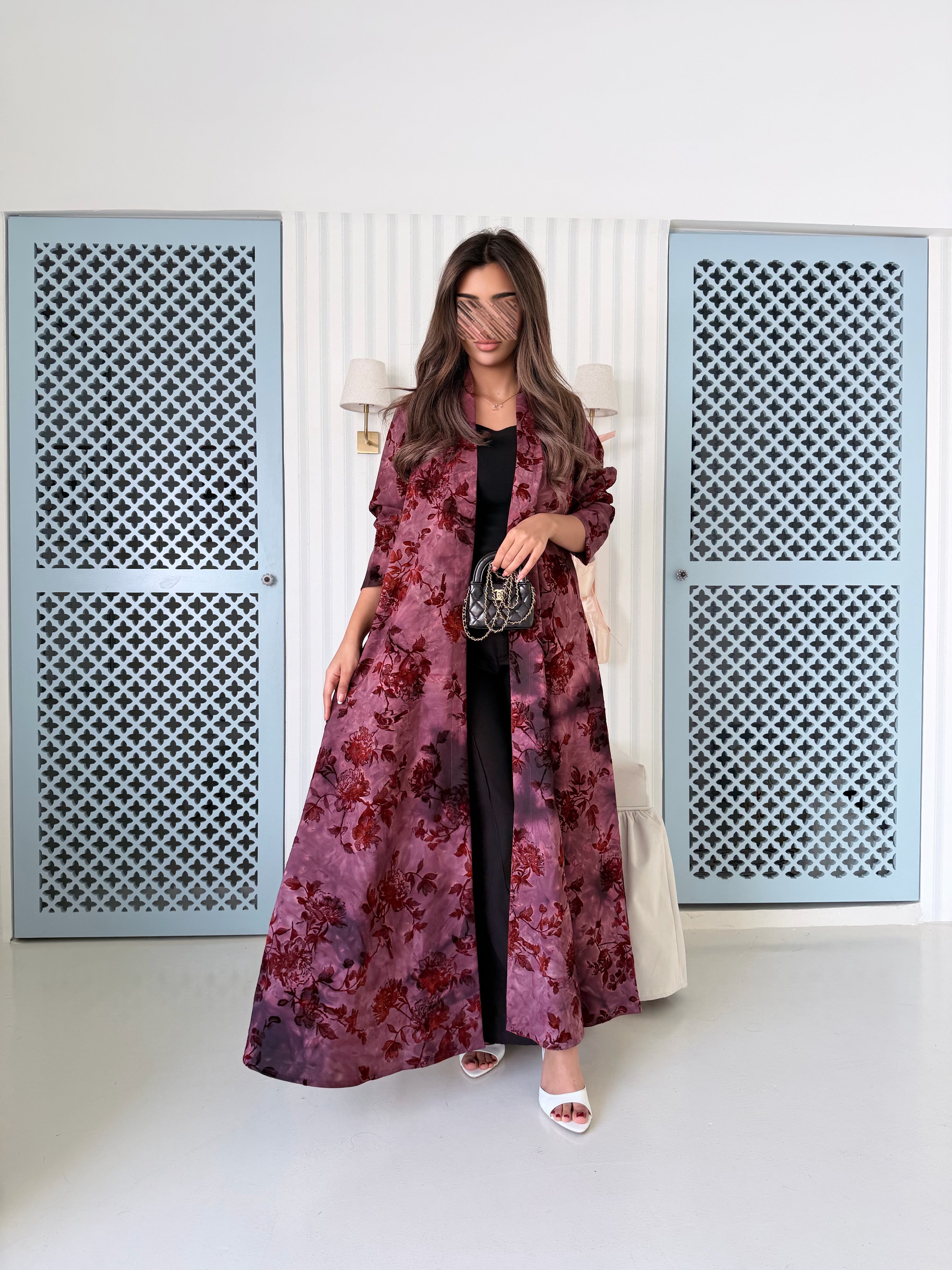 MWT5007 - عبايه عنابي طباعة كريب قصة نص كلوش - Aya