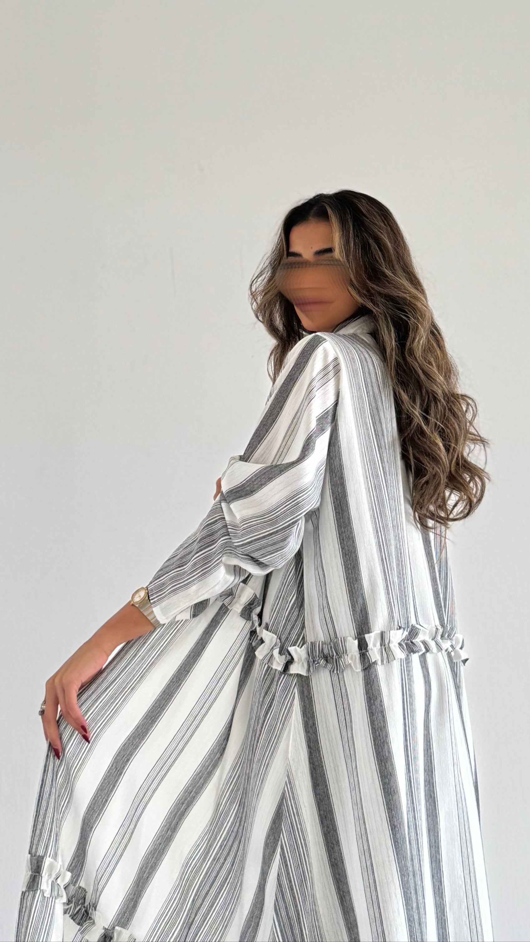 MWT301 - عباية لنن مقلم|striped linen - Aya