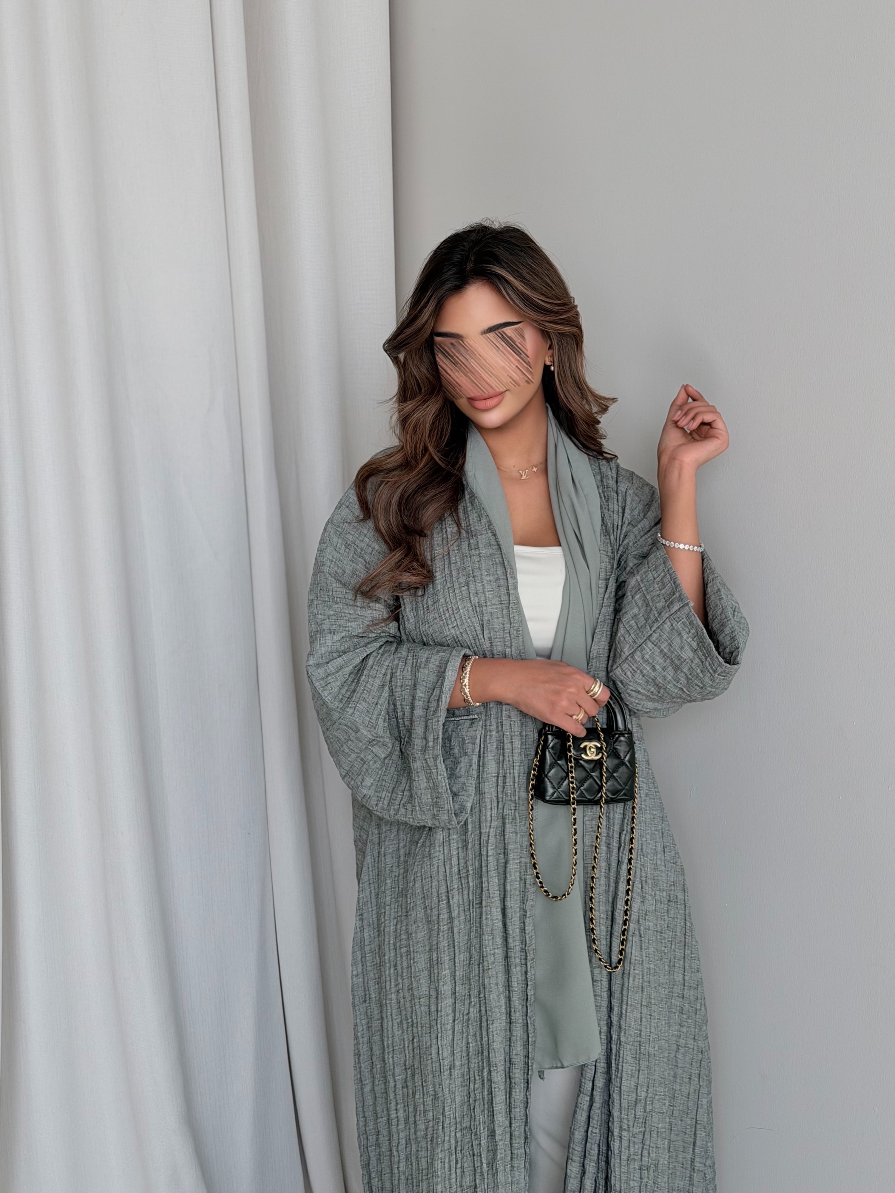 MWT5020 - قماش لينن معفس زيتي فاتح قصة ربع كلوش - Aya