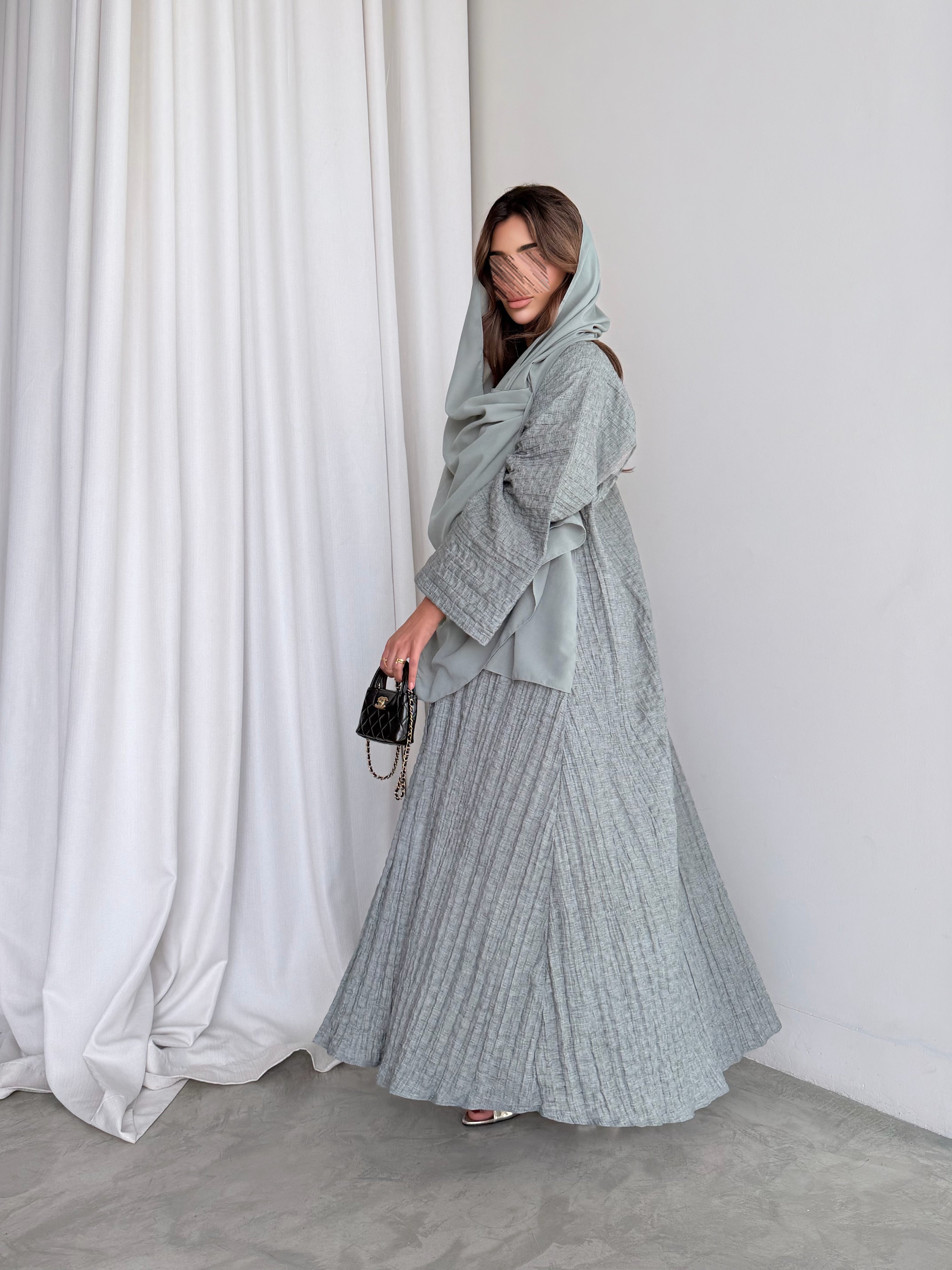 MWT5020 - قماش لينن معفس زيتي فاتح قصة ربع كلوش - Aya