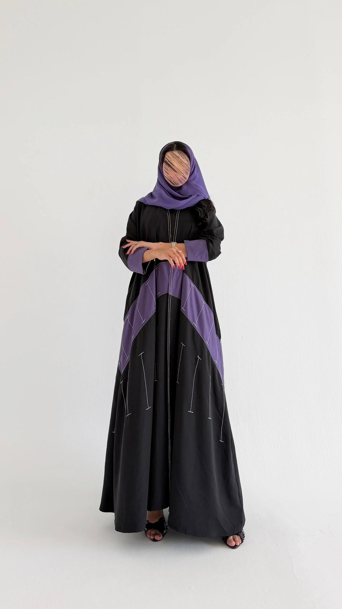 MWT4395 - عباية رايون نص كلوش بتطريز هندسي - Aya