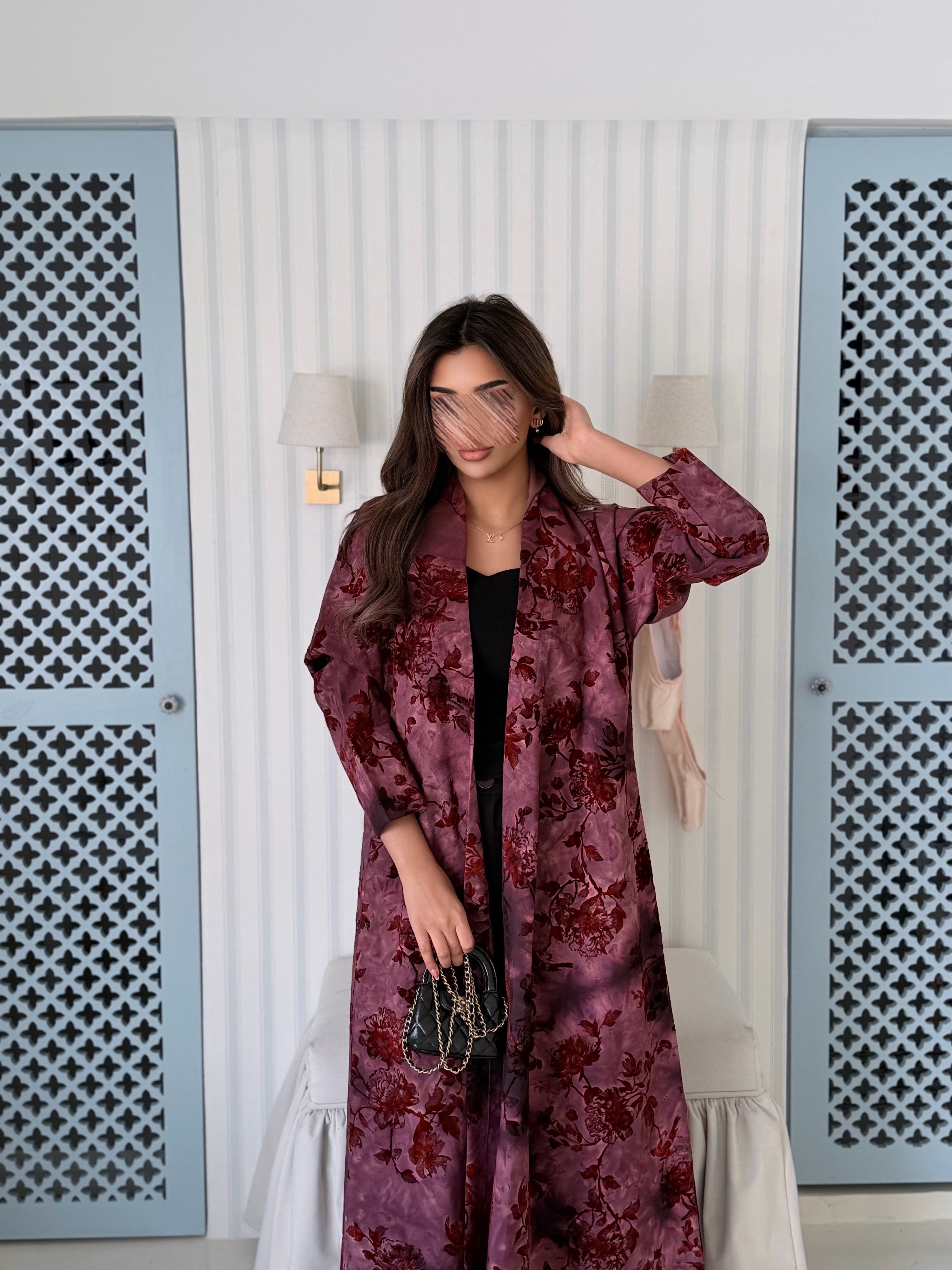 MWT5007 - عبايه عنابي طباعة كريب قصة نص كلوش - Aya