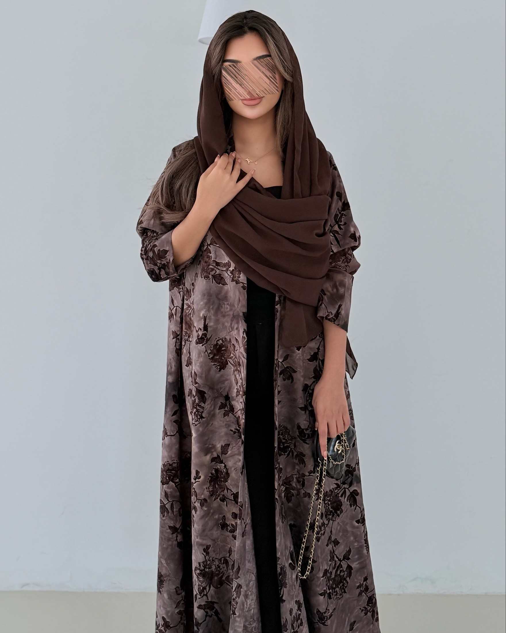 MWT5006 - عبايه بني طباعة كريب قصة نص كلوش - Aya