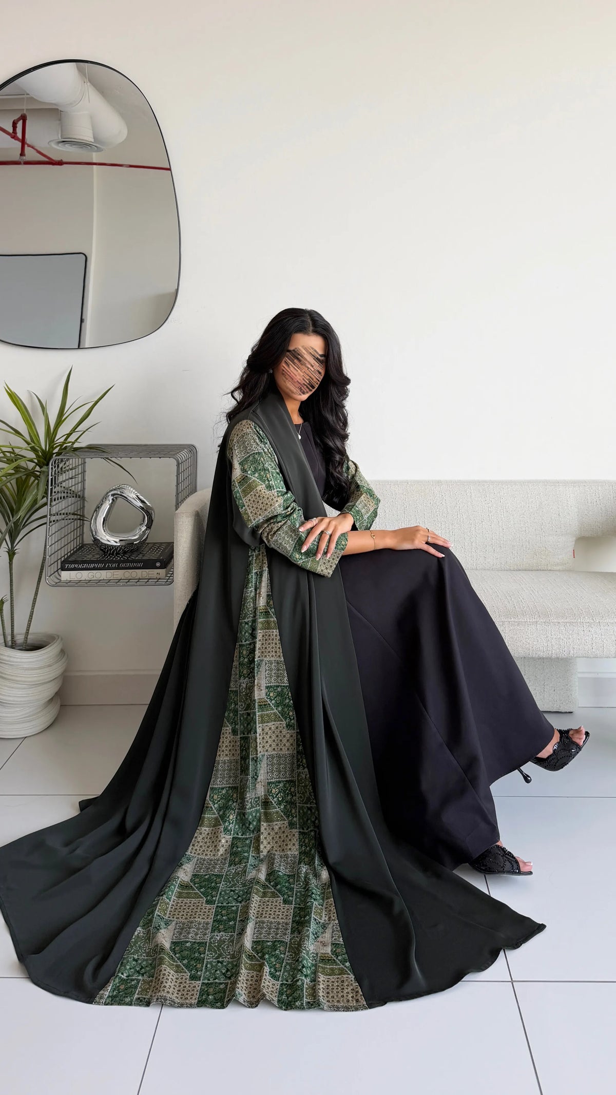 MWT1284 - عباية كريب بتدخيلة لينن طباعة - Aya