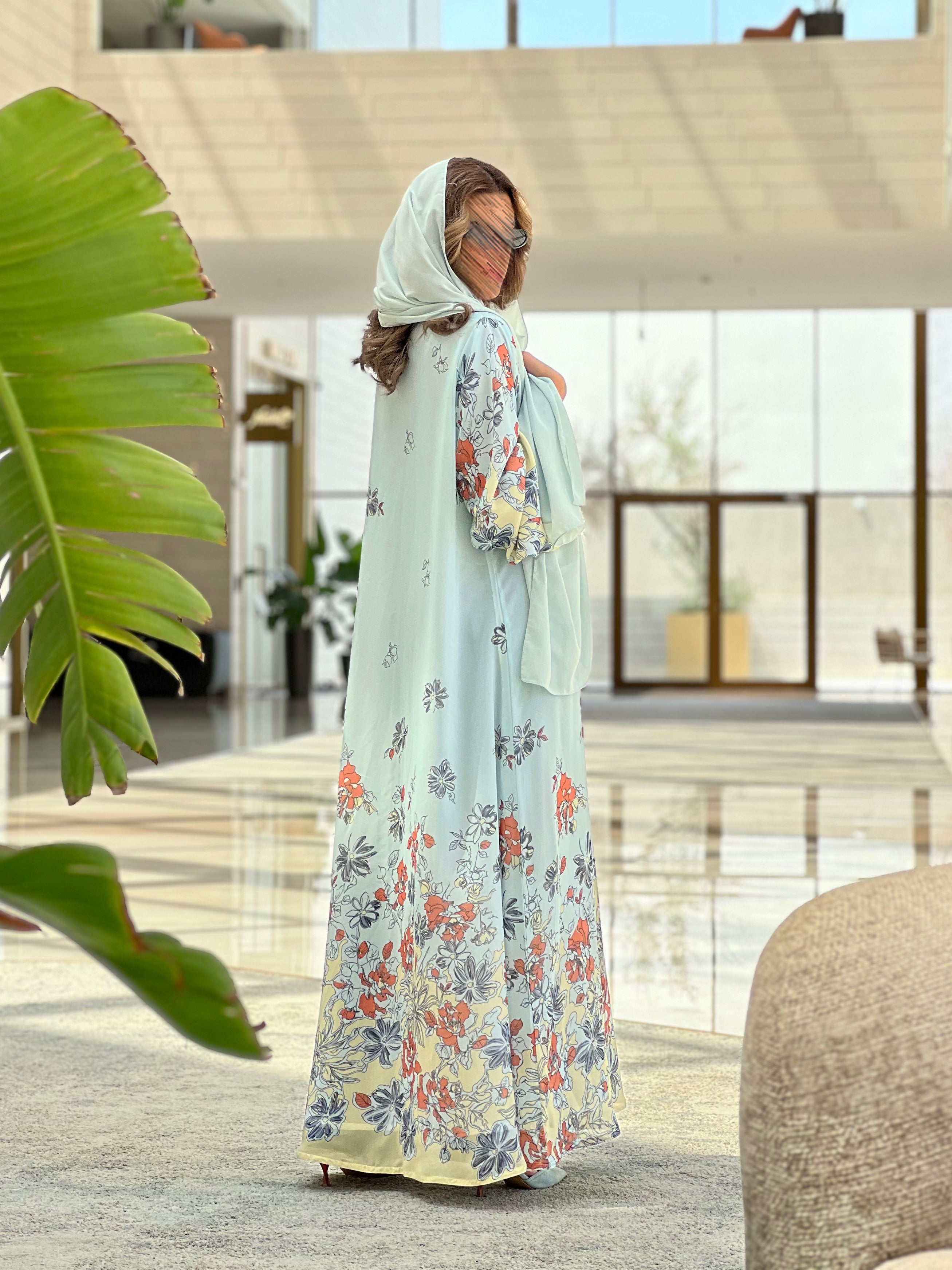 MWT328 - عباية طباعة شيفون ملون اصفر - Aya
