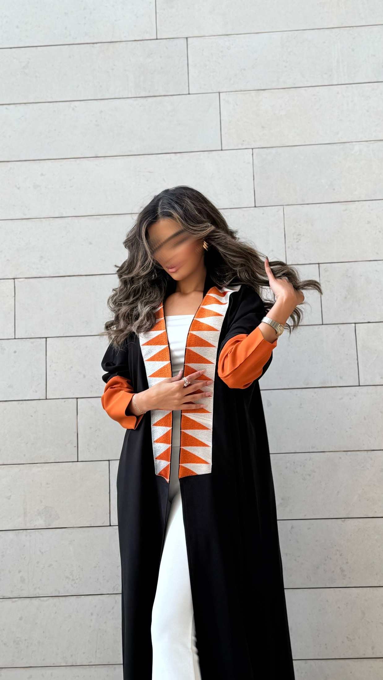 MW1591 -عباية سوداء بتطريز برتقالي | Black Abaya with Orange Embroidery - Aya