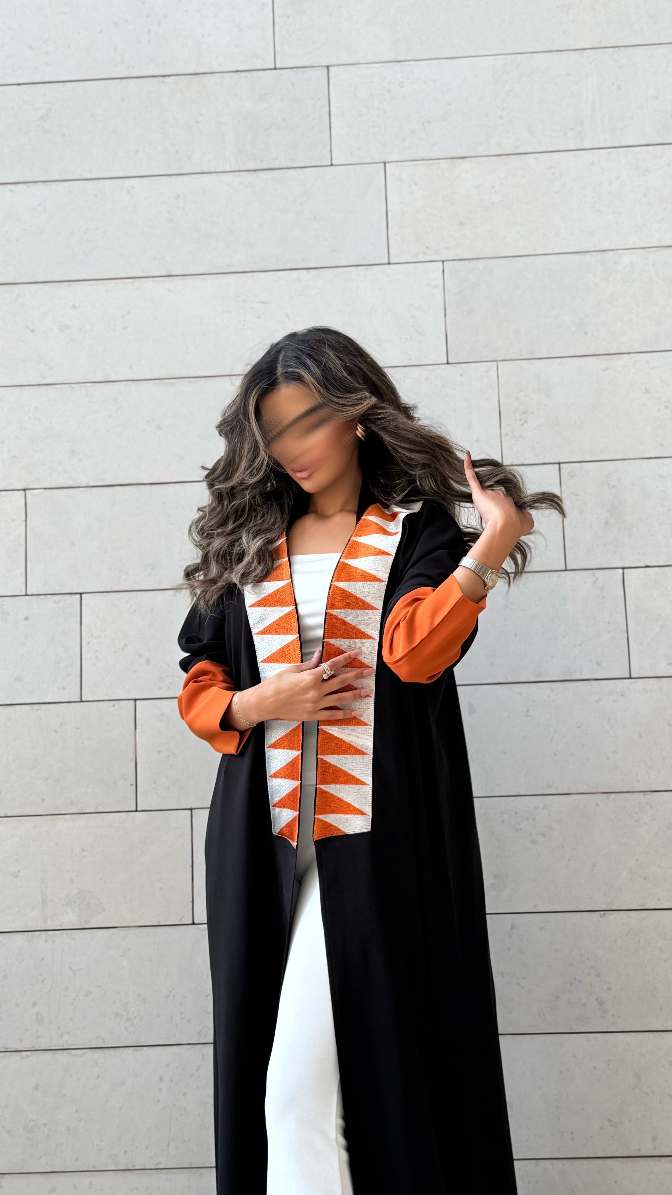 MW1591 -عباية سوداء بتطريز برتقالي | Black Abaya with Orange Embroidery