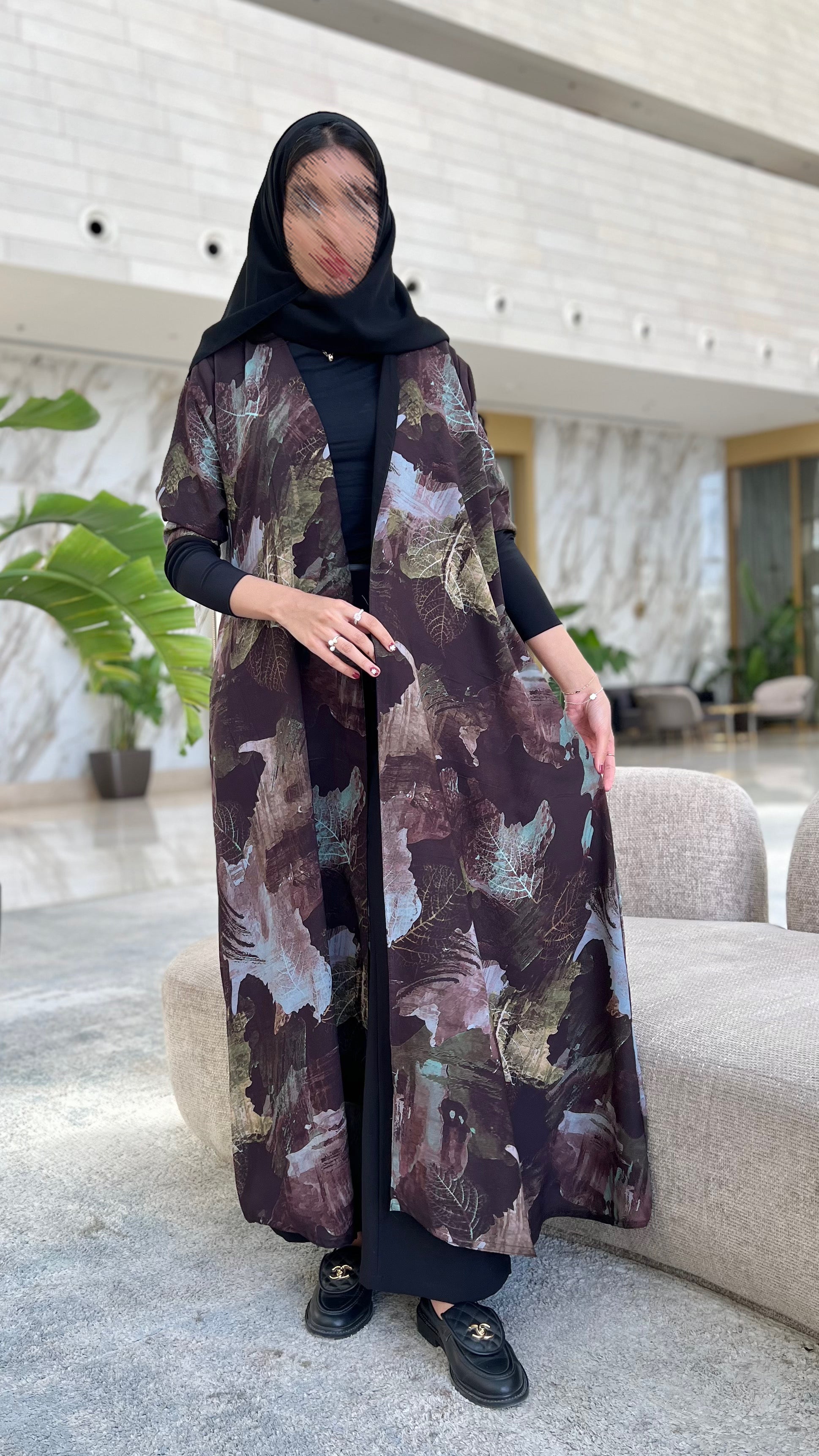 MW1696 - عباية نص كلوش مشجرة مبطن مع اكمام استرتش - Aya