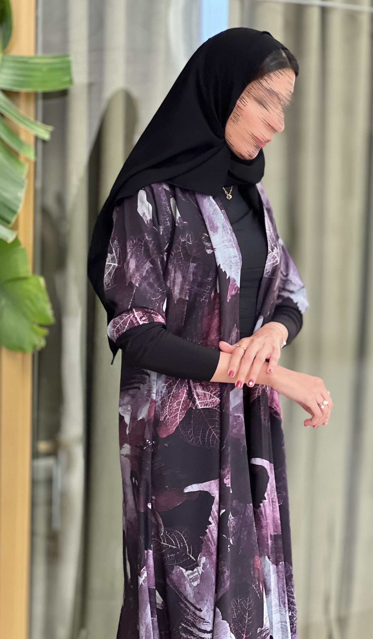 MW1697 - عباية نص كلوش مشجرة مبطن مع اكمام استرتش - Aya