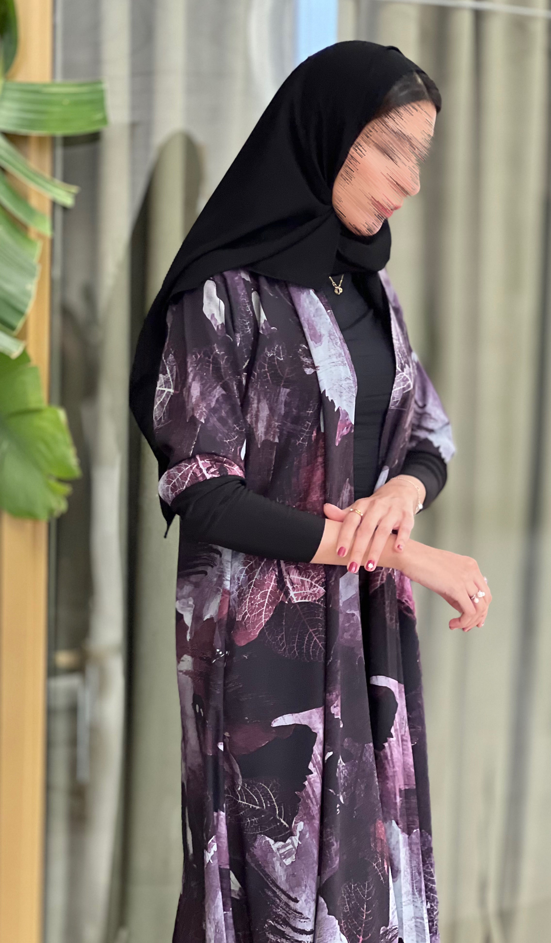 MW1697 - عباية نص كلوش مشجرة مبطن مع اكمام استرتش - Aya