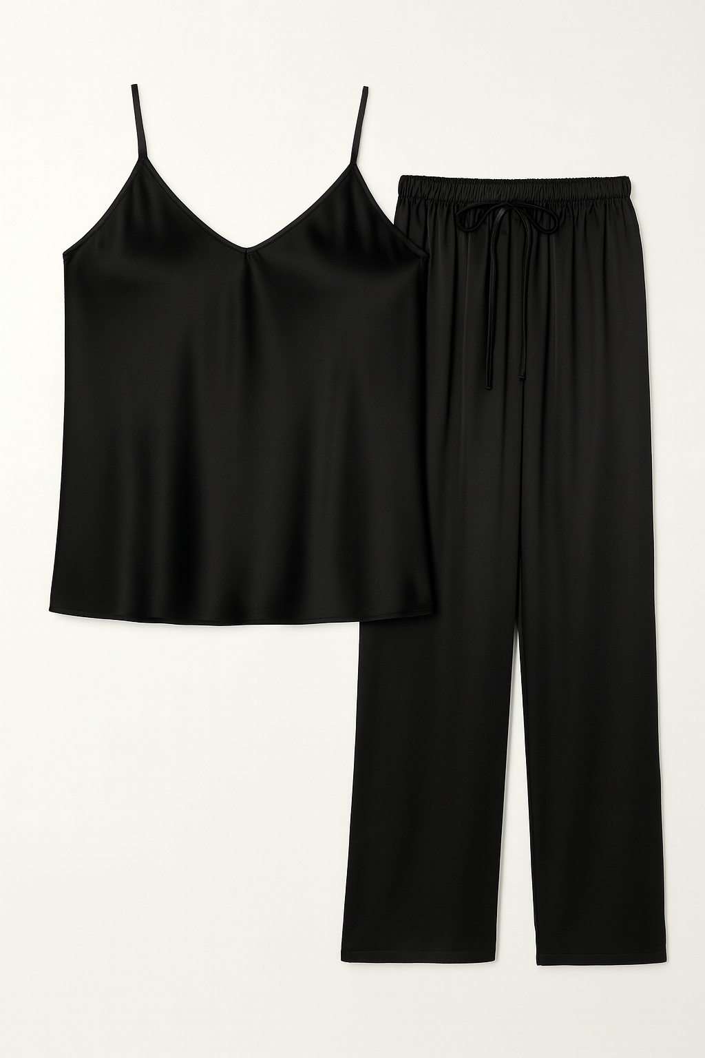 MWP05 -Cami Style Silk PJ Sets with Free Scrunchie- Black | طقم بيجامة حرير بقصّة كامي مع ربطة شعر مجانية – أسود - Aya