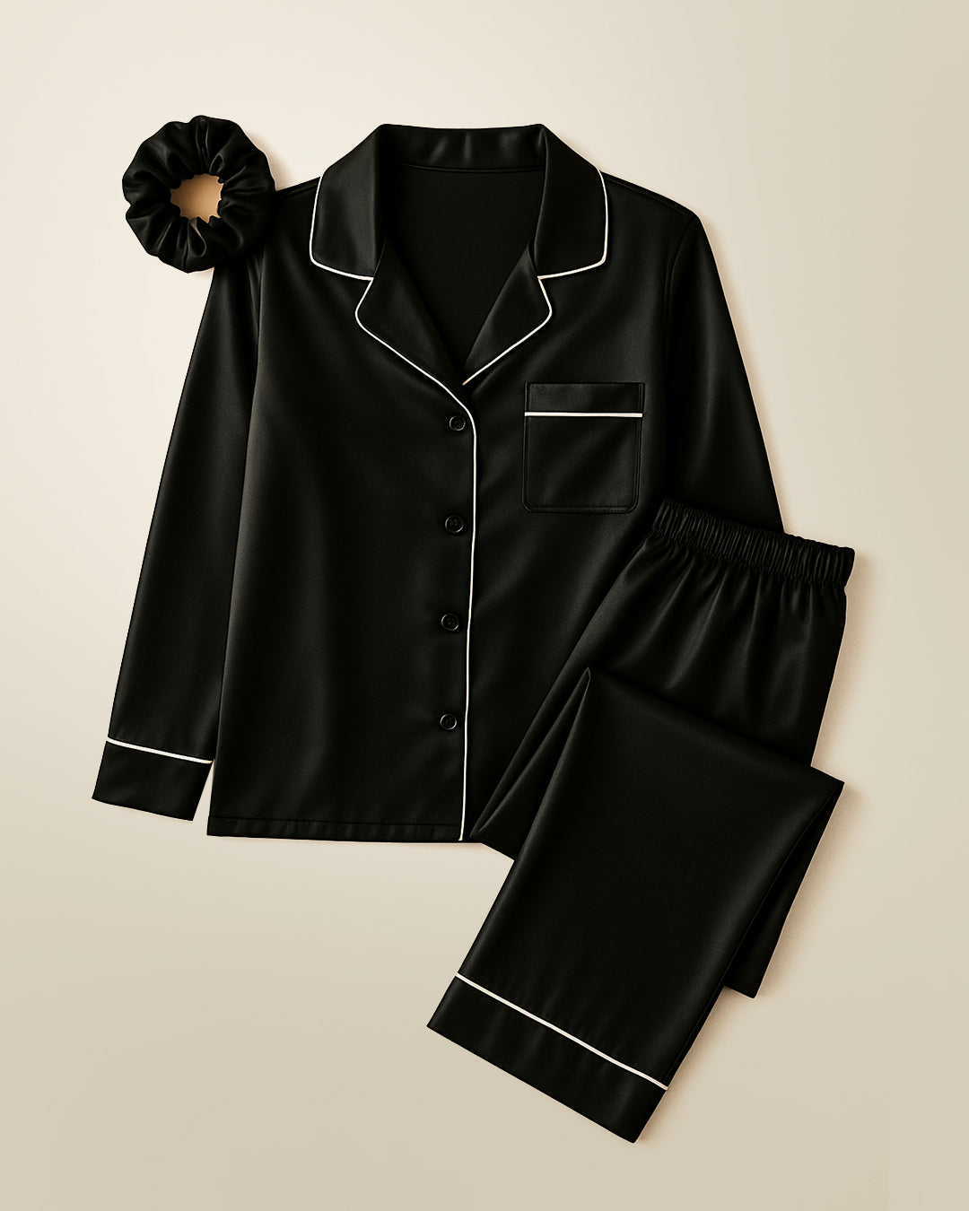 MWP01 - Button Down Silk PJ Sets with Free Scrunchie- Black | طقم بجامة حرير - أسود (ربطة شعر مجانية)