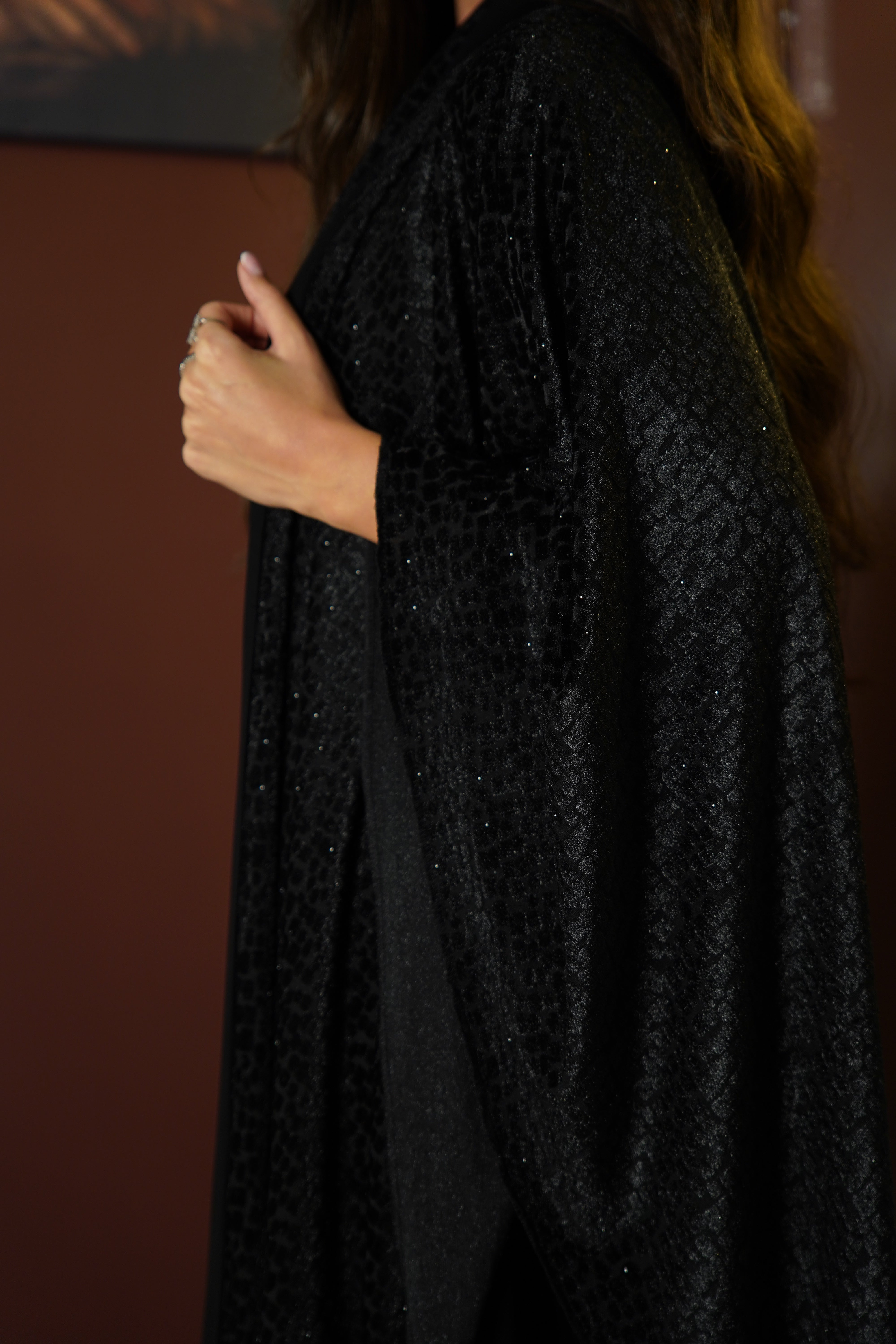 MWT828 - عباية مخمل شيفون لامعة|Gleaming Velvet Chiffon Abaya - Aya
