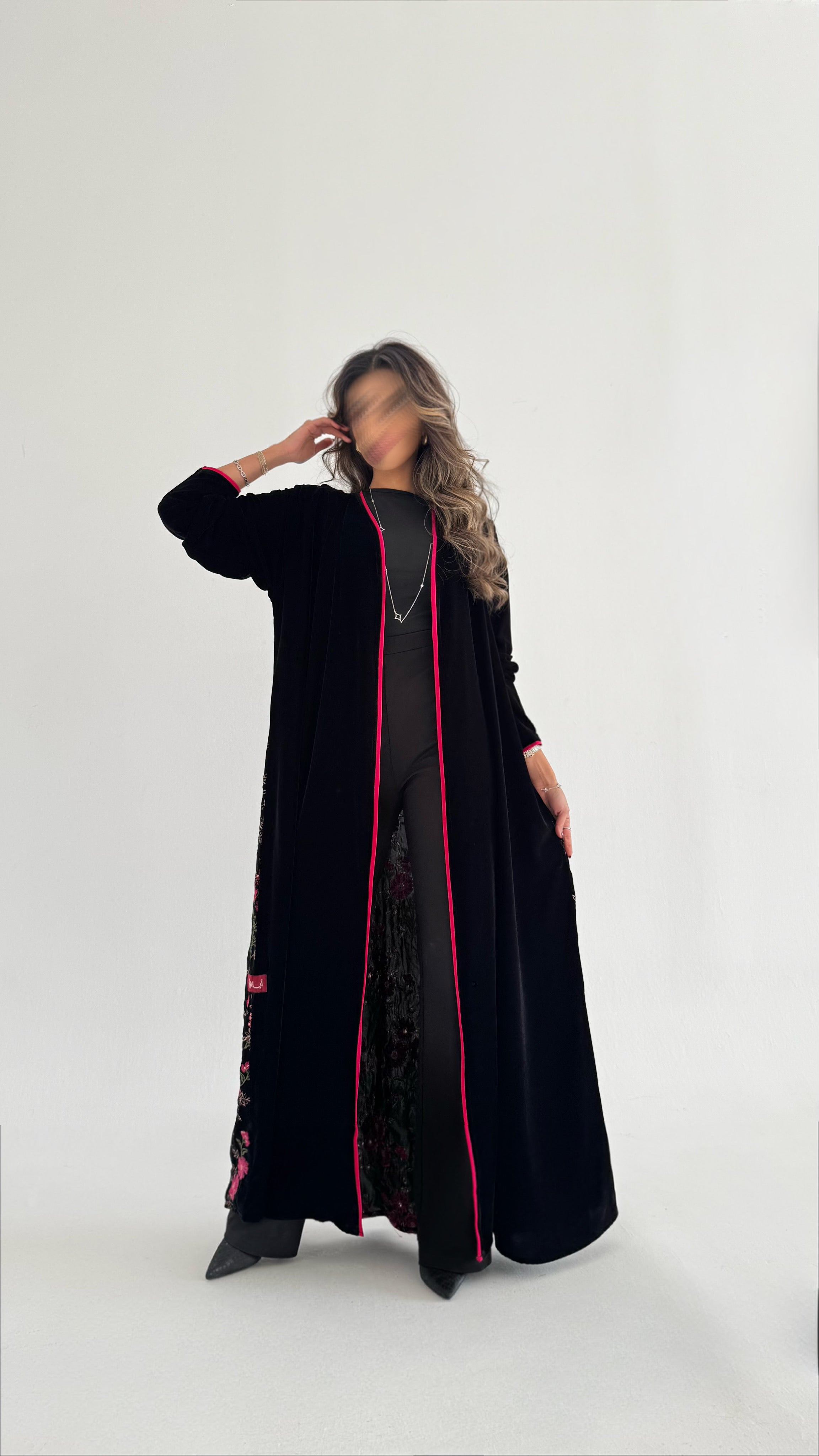 MWT732 -  Black velvet abaya with pink rose embroidery | عباية مخمل اسود مع تطريز زهري - Aya