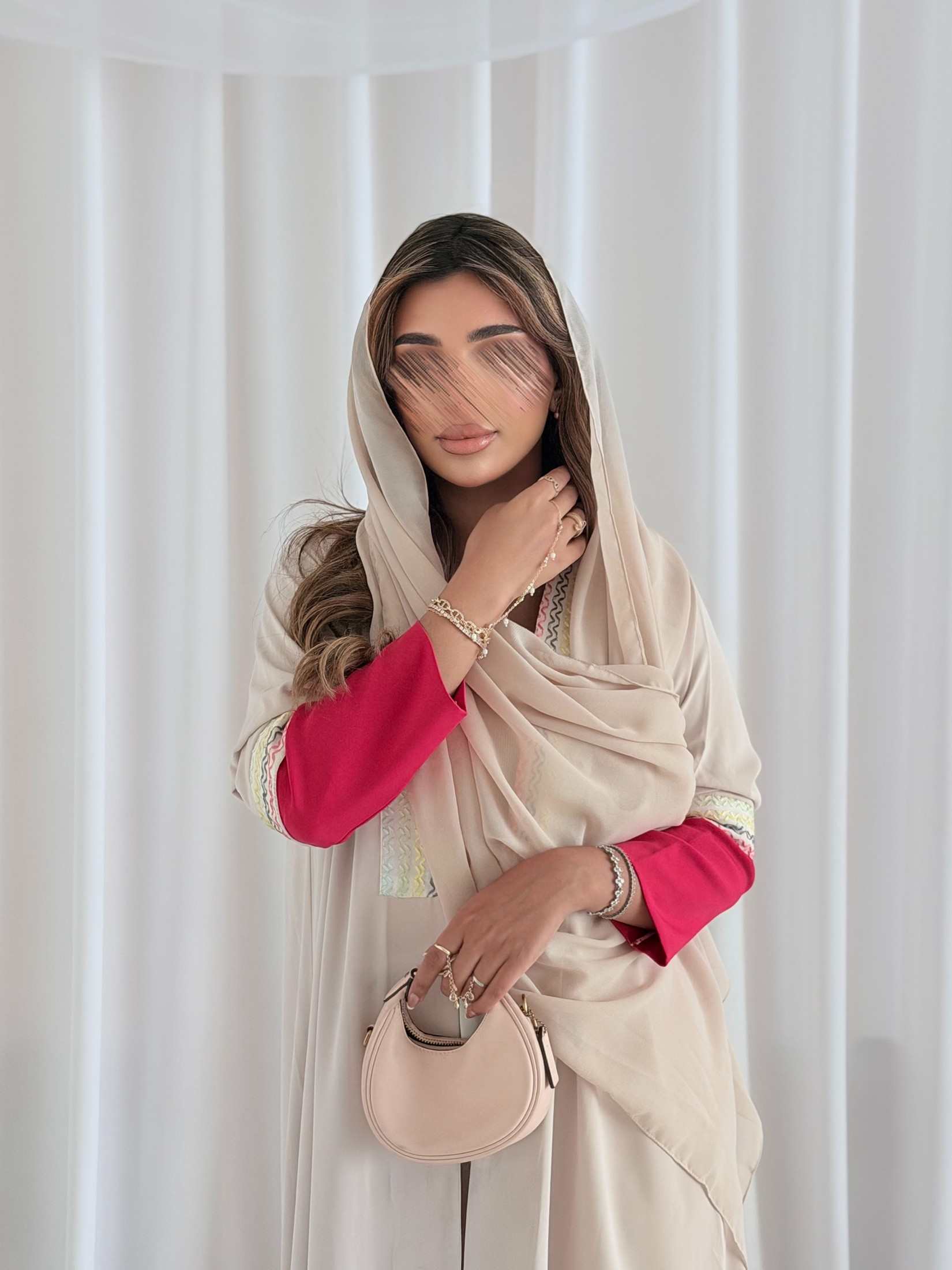 MWT5092 - قماش كريب بيج مع أكمام ستريتس وردي - Aya
