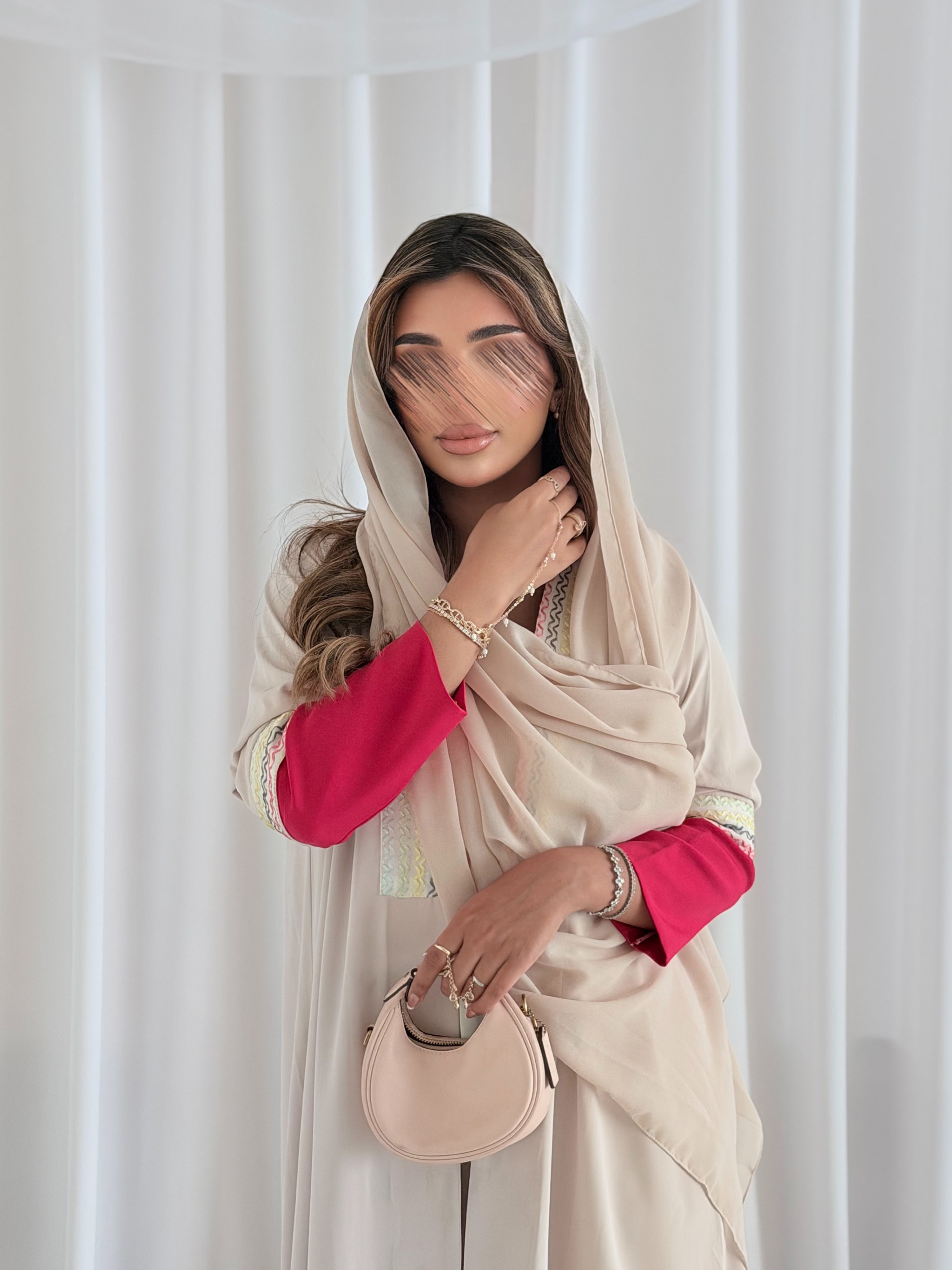 MWT5092 - قماش كريب بيج مع أكمام ستريتس وردي - Aya