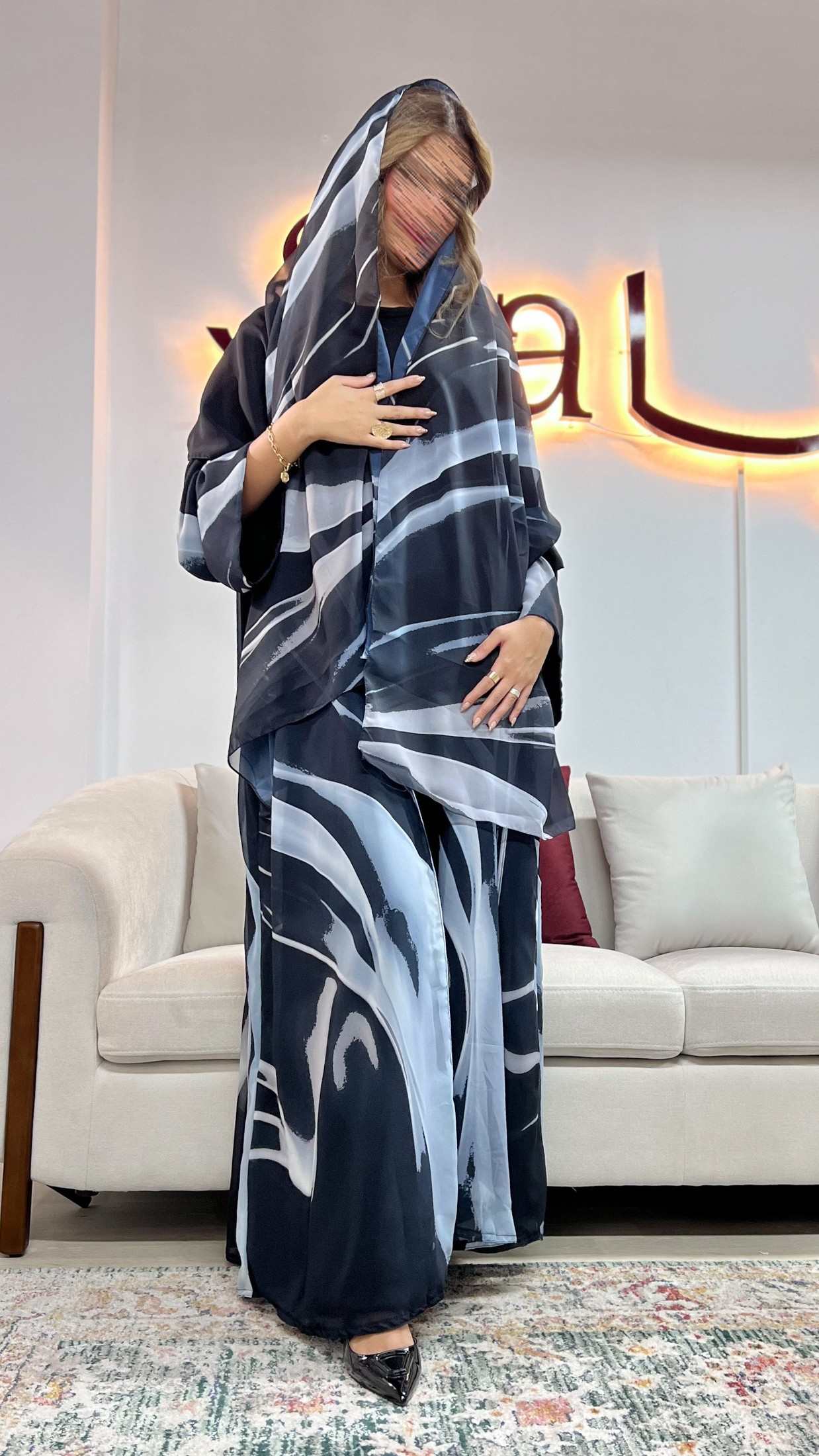MWT441  - عباية طباعة ازرق وسماوي - Aya