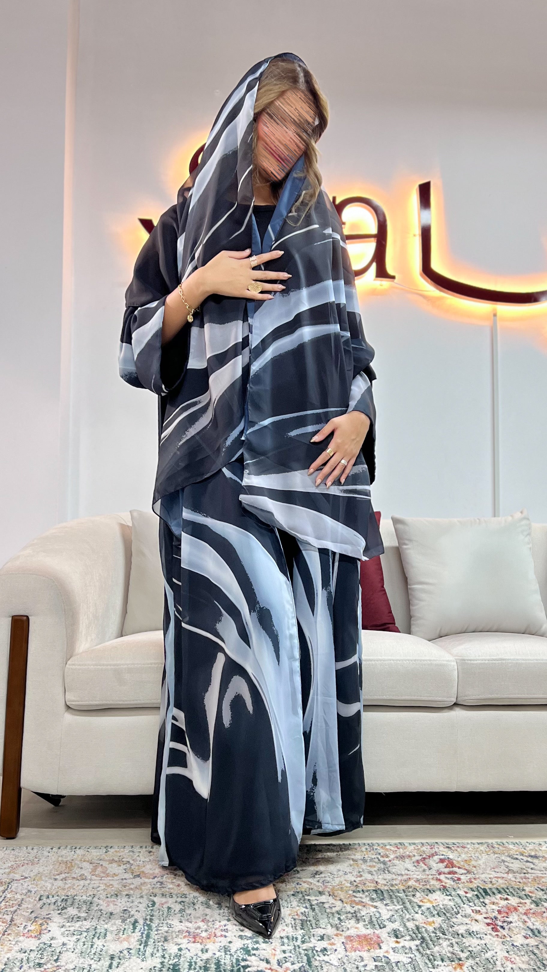 MWT441  - عباية طباعة ازرق وسماوي - Aya
