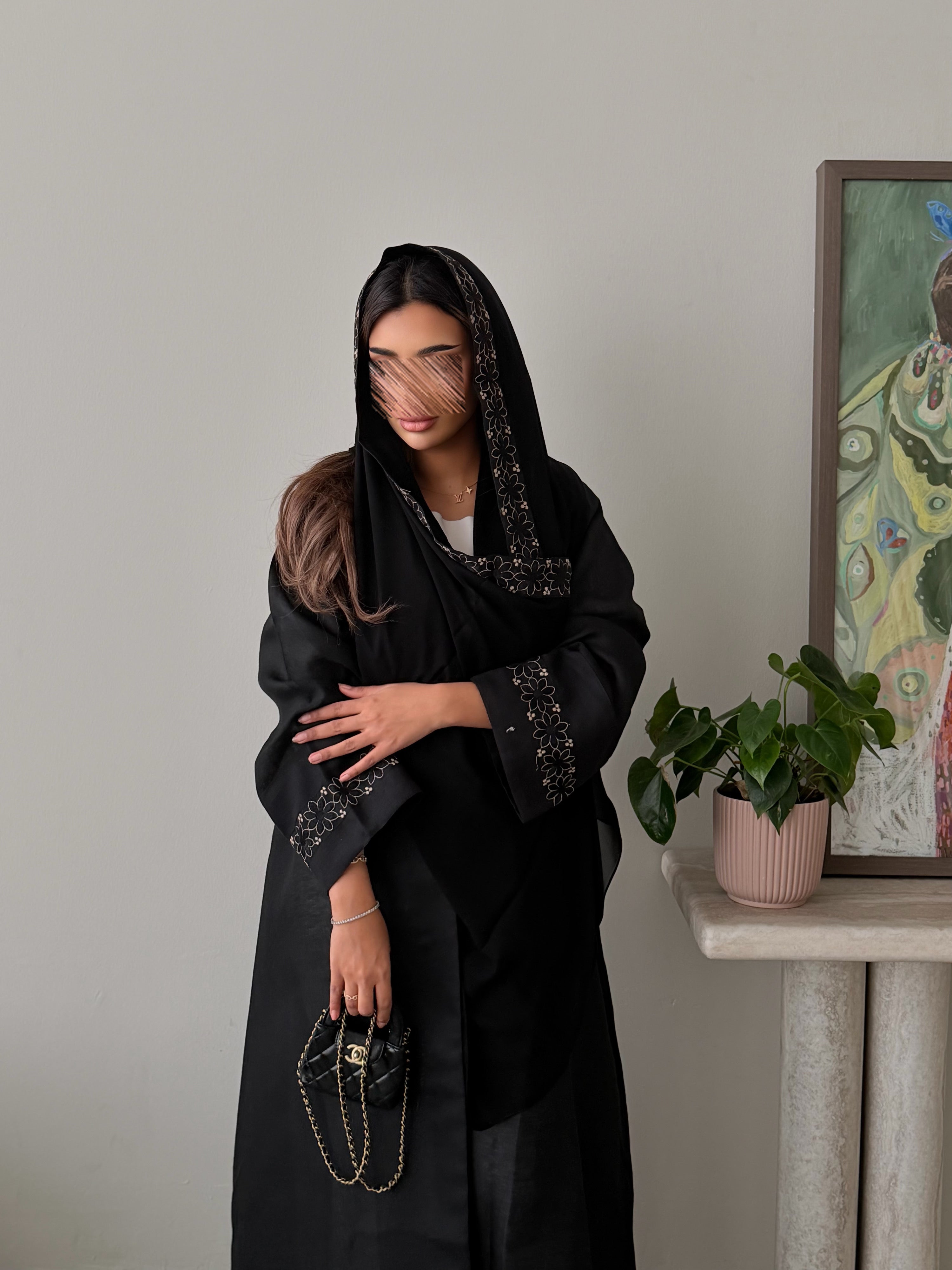 MWT5046 - قماش كريب اسود مع قماش لينن اسود مطرز قصة كلوش - Aya