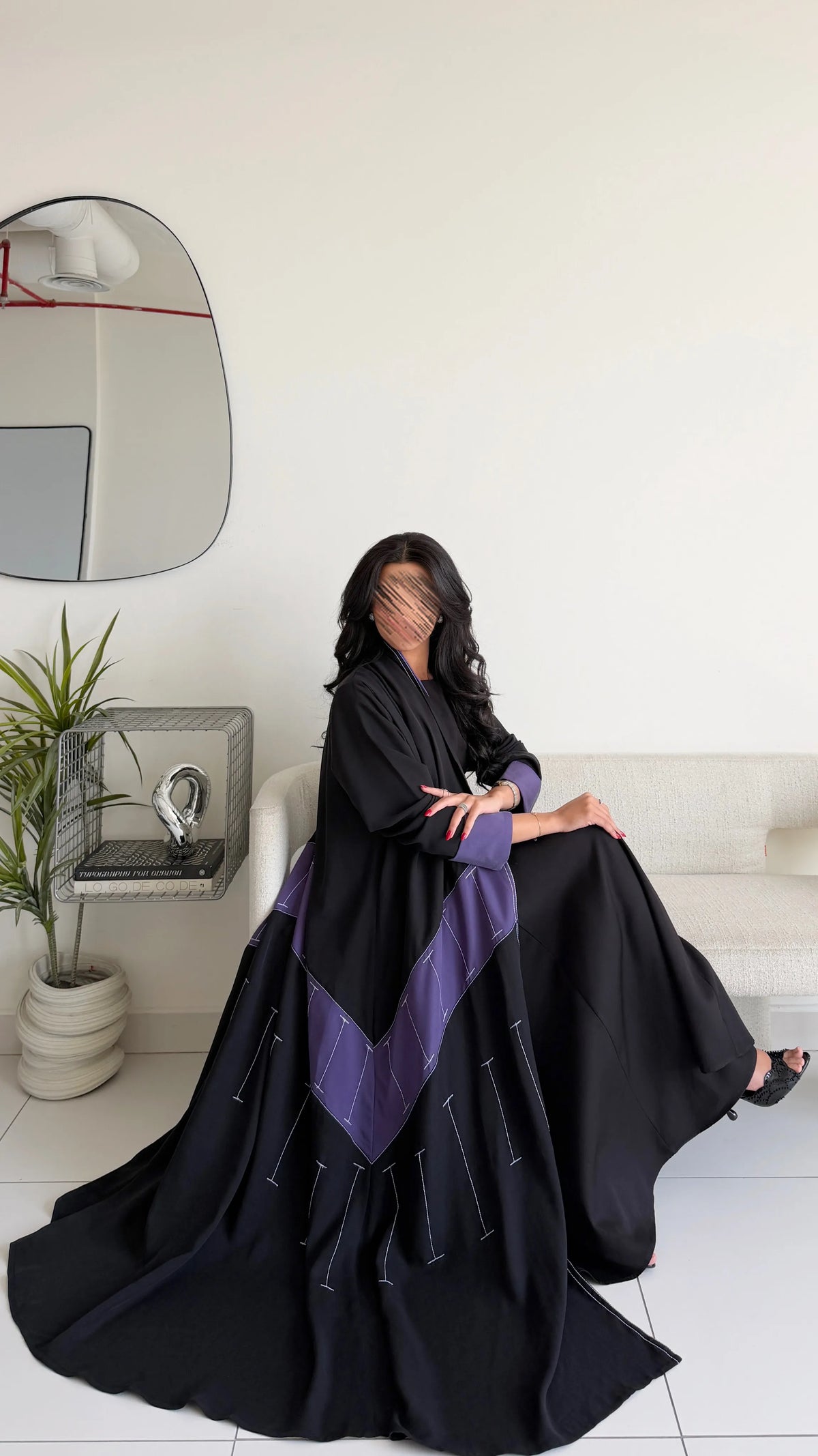 MWT4395 - عباية رايون نص كلوش بتطريز هندسي - Aya