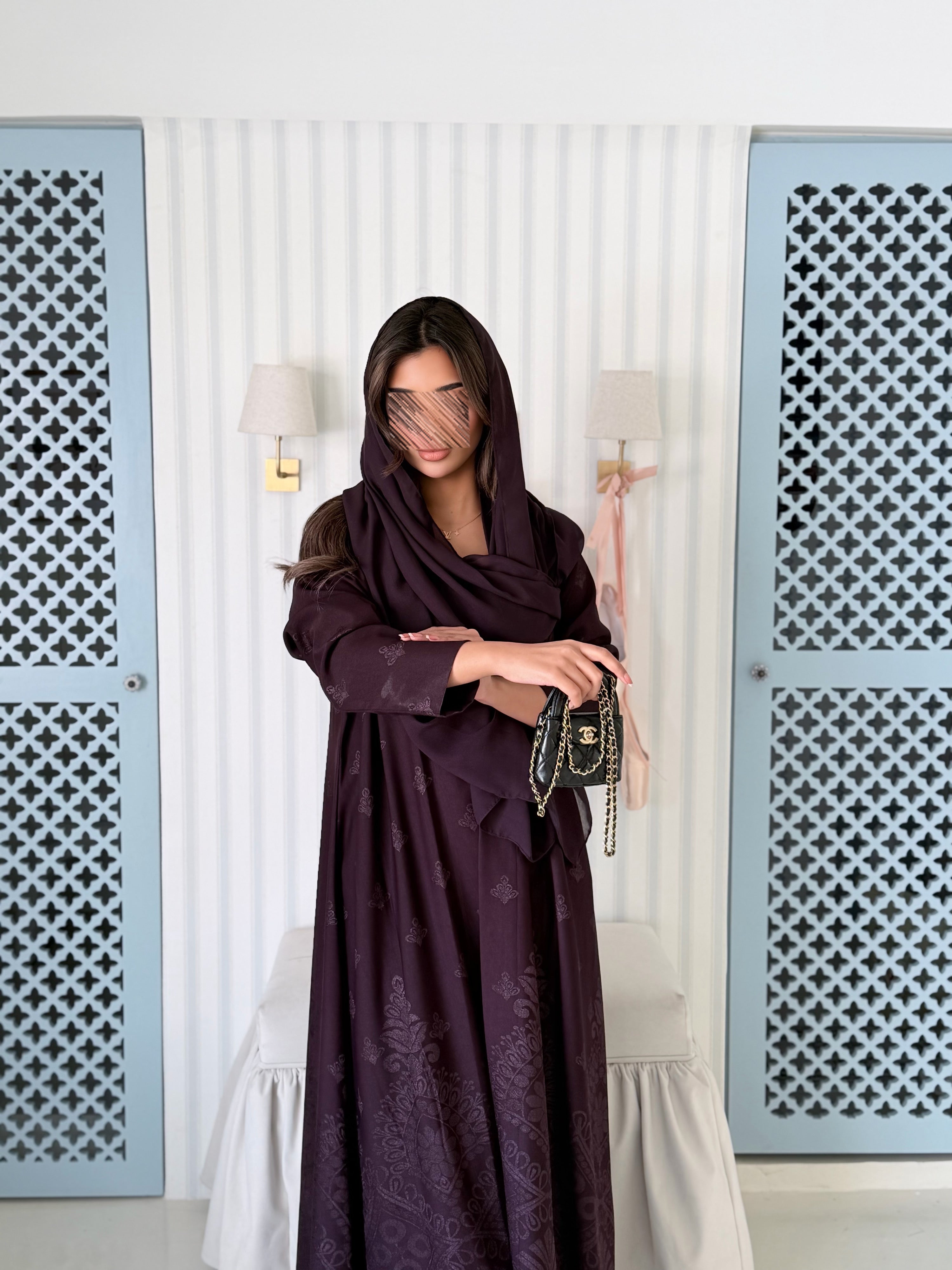 MWT5008 - عبايه عنابي طباعة كريب قصة نص كلوش - Aya