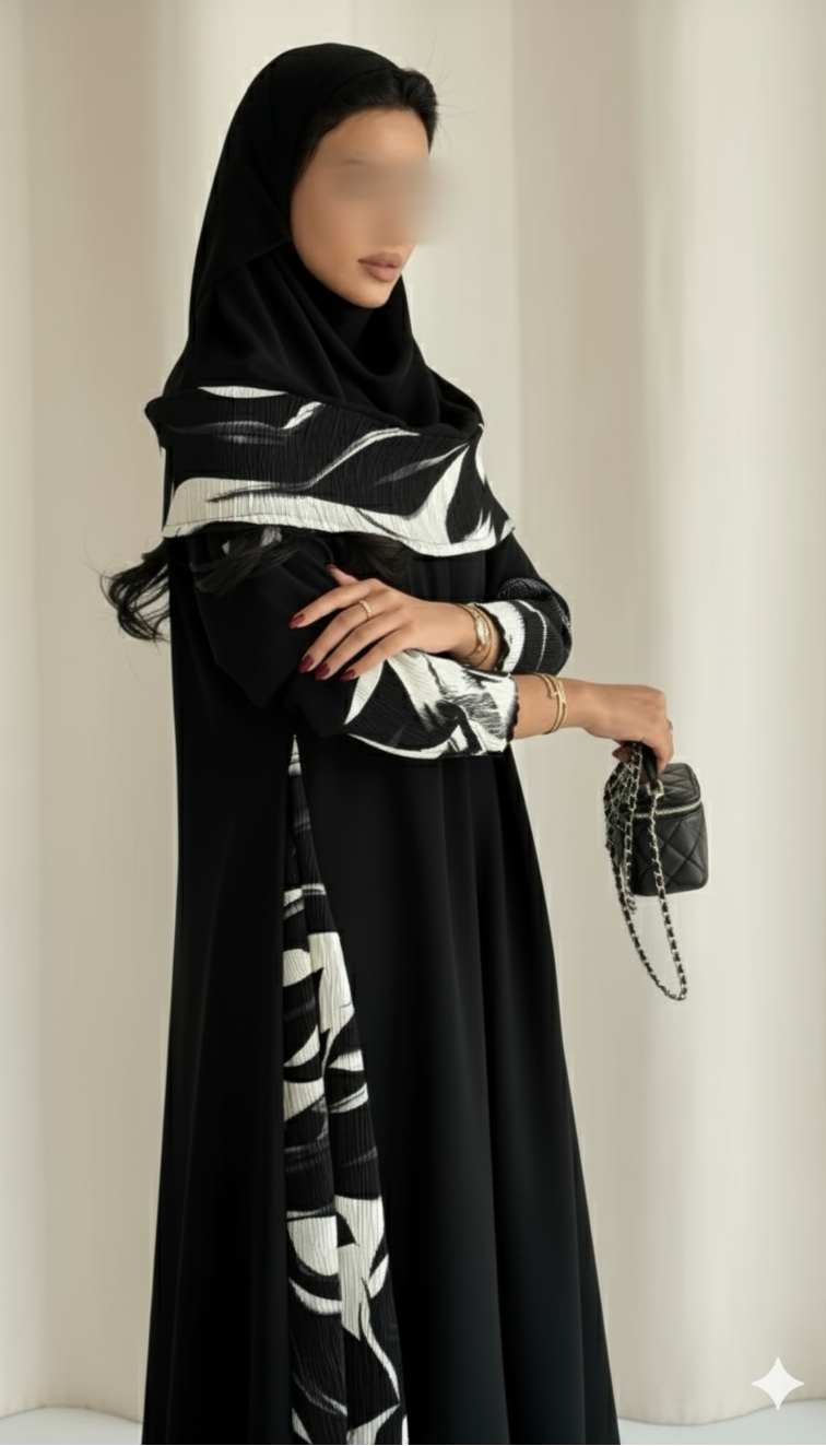 MWT900 - عباية سوداء كريب كلوش تدخيلة جوانب جاكار طباعة