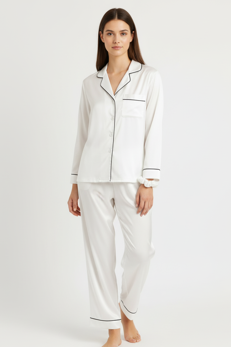 MWP03 -Button Down Silk PJ Sets with Free Scrunchie- White  | طقم بجامة حرير - أبيض (ربطة شعر مجانية) - Aya