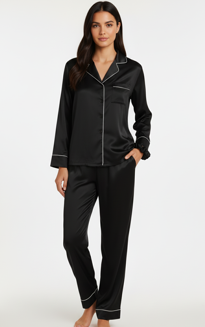 MWP01 - Button Down Silk PJ Sets with Free Scrunchie- Black | طقم بجامة حرير - أسود (ربطة شعر مجانية) - Aya