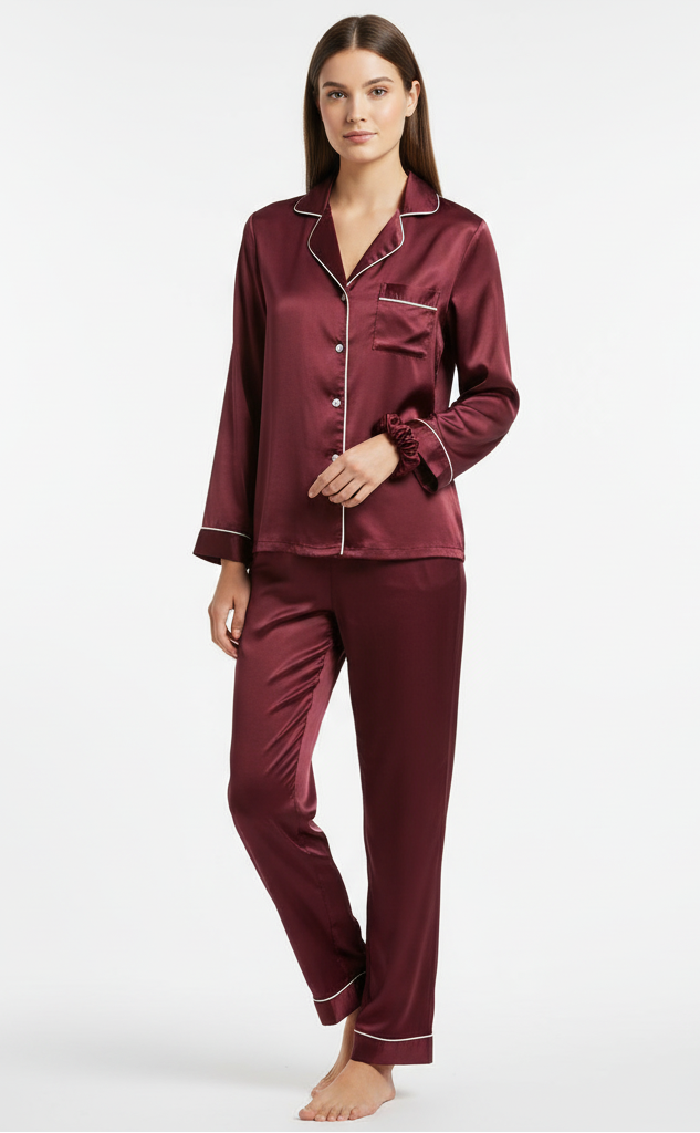 MWP04 -Button Down Silk PJ Sets with Free Scrunchie- Maroon - | طقم بجامة حرير - عنابي (ربطة شعر مجانية) - Aya