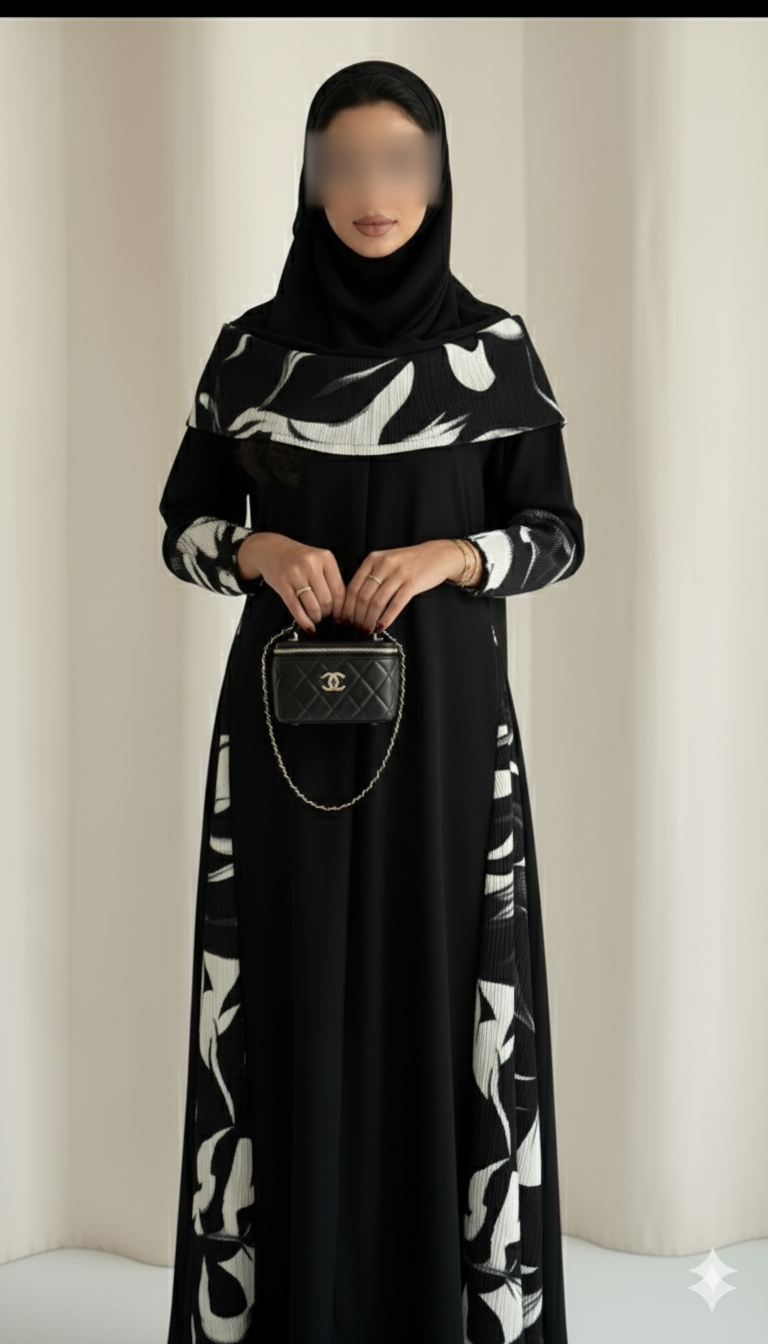 MWT900 - عباية سوداء كريب كلوش تدخيلة جوانب جاكار طباعة