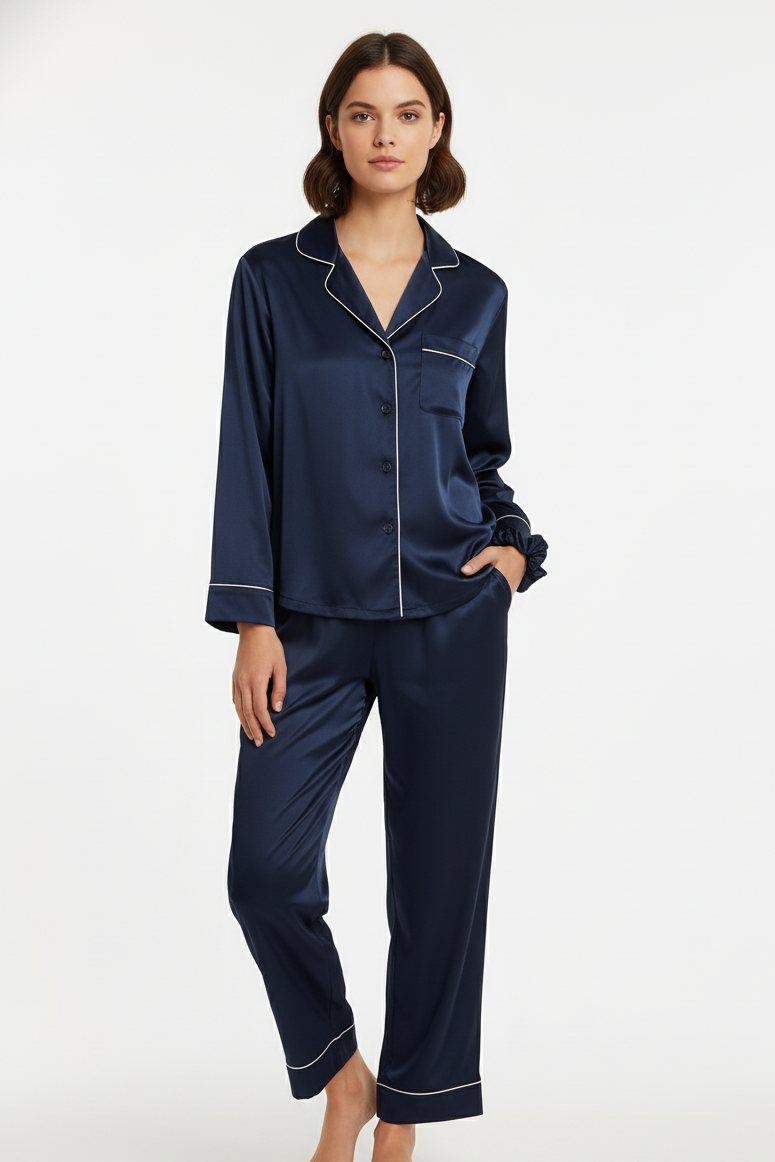 MWP02 -Button Down Silk PJ Sets with Free Scrunchie- Navy Blue | طقم بجامة حرير - كحلي (ربطة شعر مجانية) - Aya