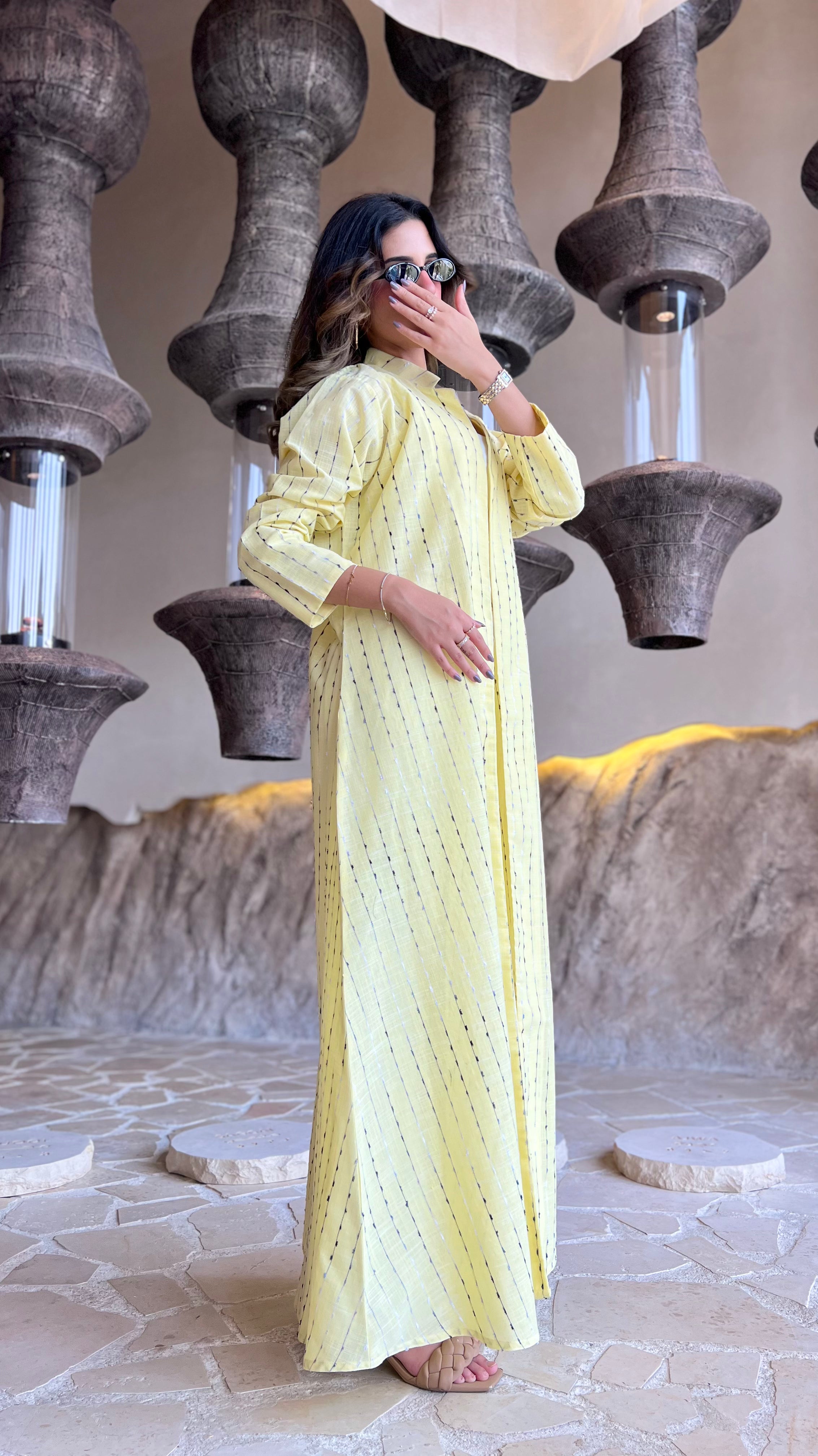 MW1631 - عباية لنن هندي مخطط اصفر-Yellow Striped Indian Linen - Aya