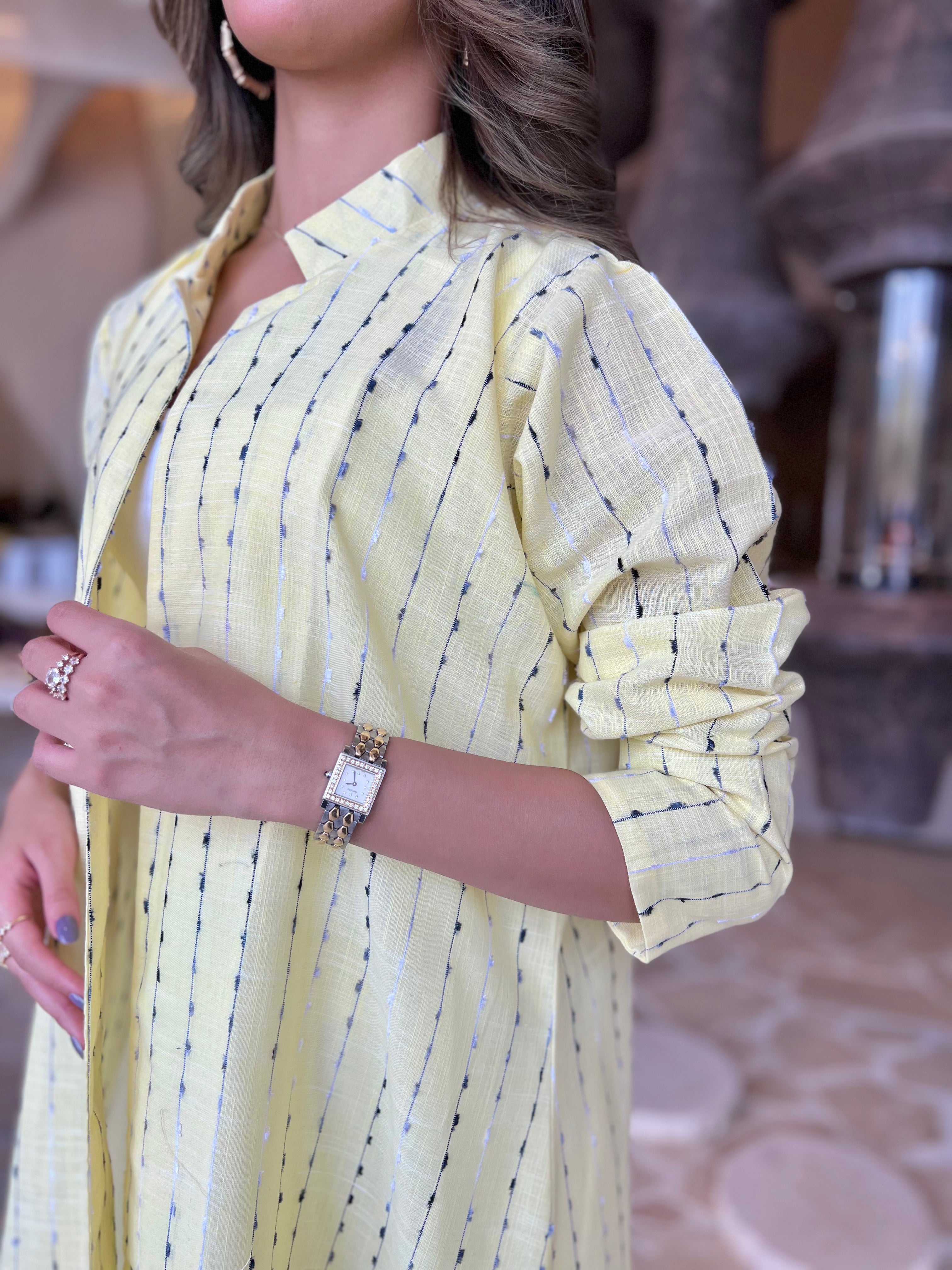 MW1631 - عباية لنن هندي مخطط اصفر-Yellow Striped Indian Linen - Aya