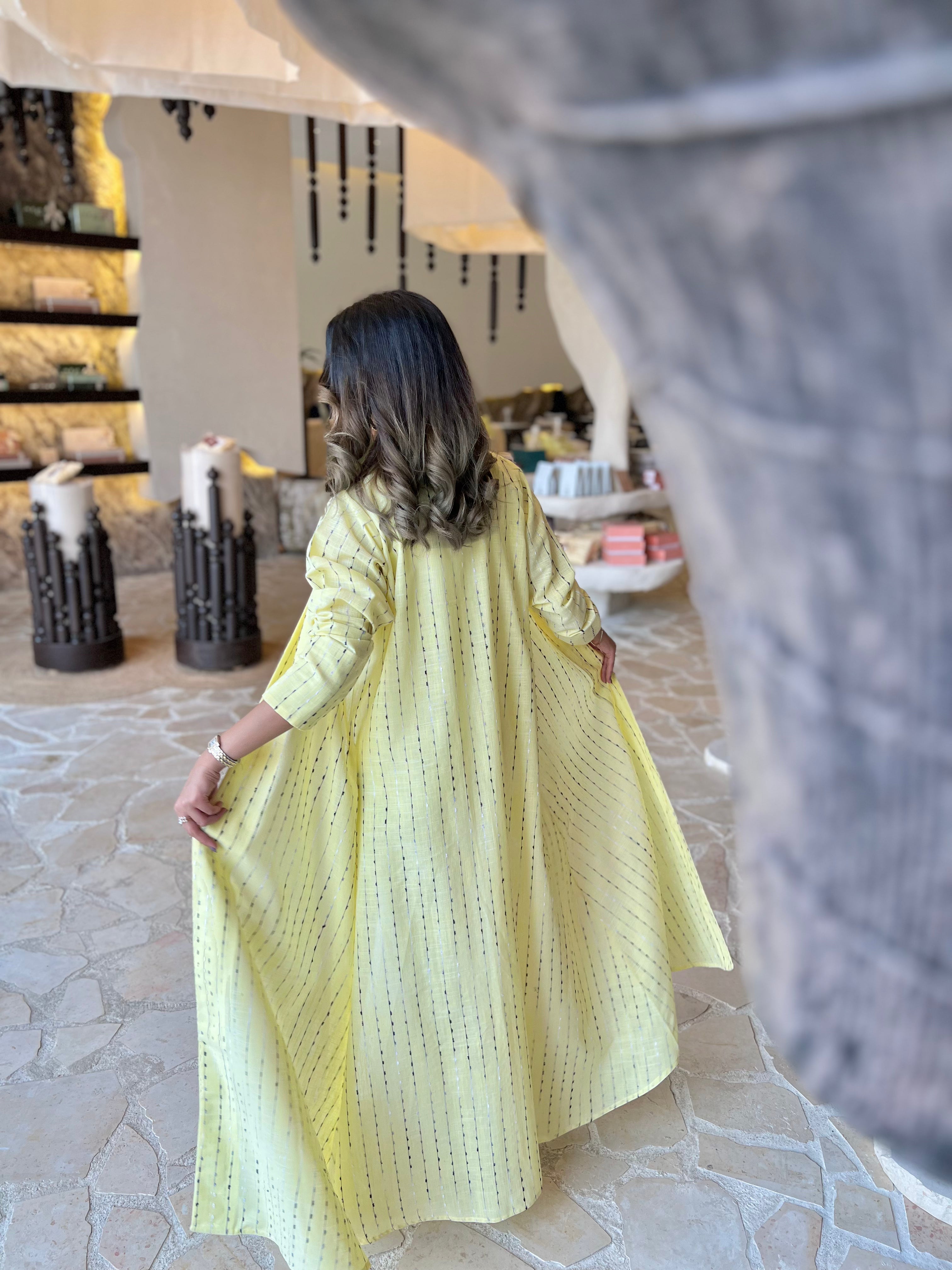 MW1631 - عباية لنن هندي مخطط اصفر-Yellow Striped Indian Linen - Aya
