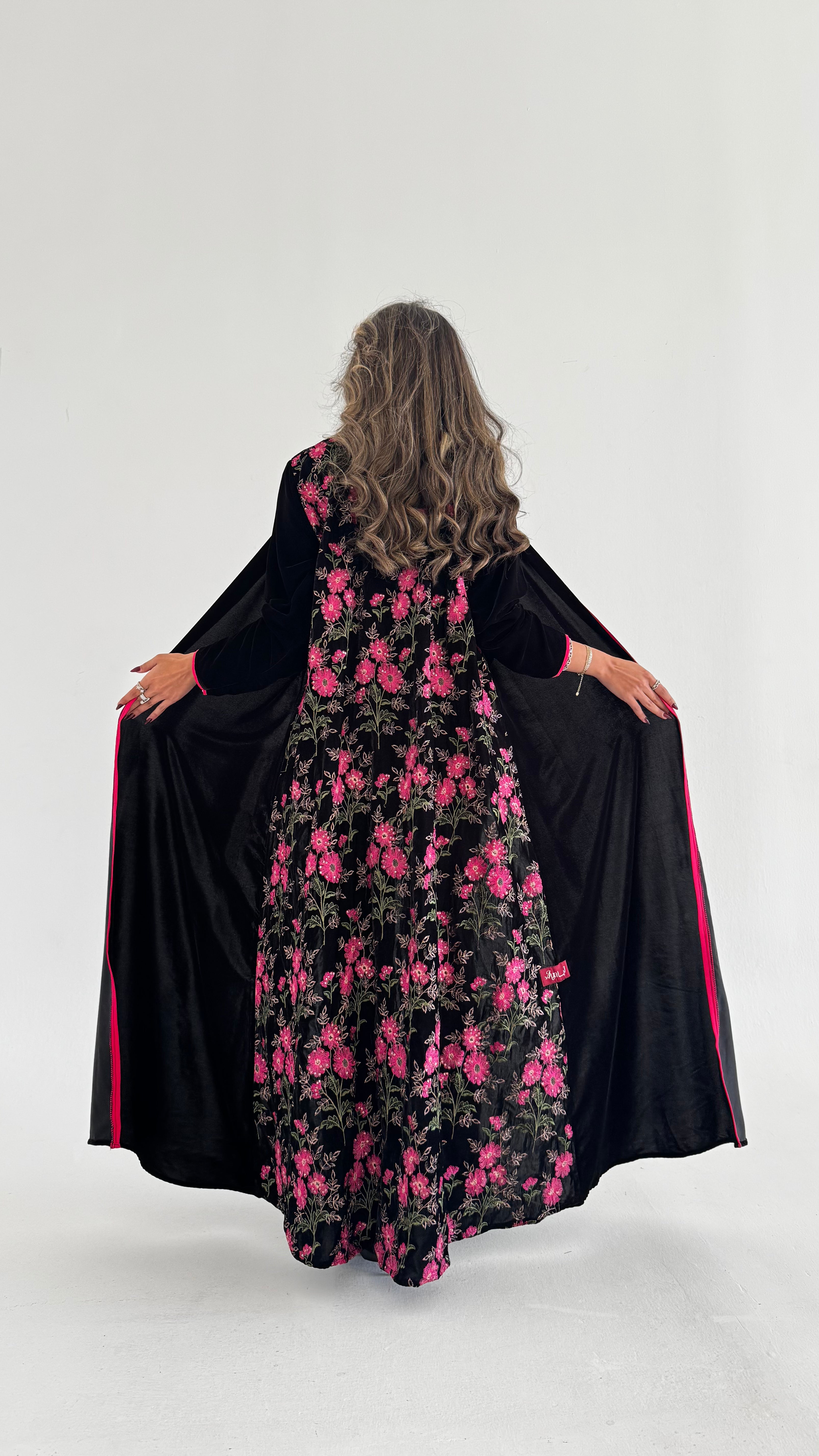 MWT732 -  Black velvet abaya with pink rose embroidery | عباية مخمل اسود مع تطريز زهري - Aya