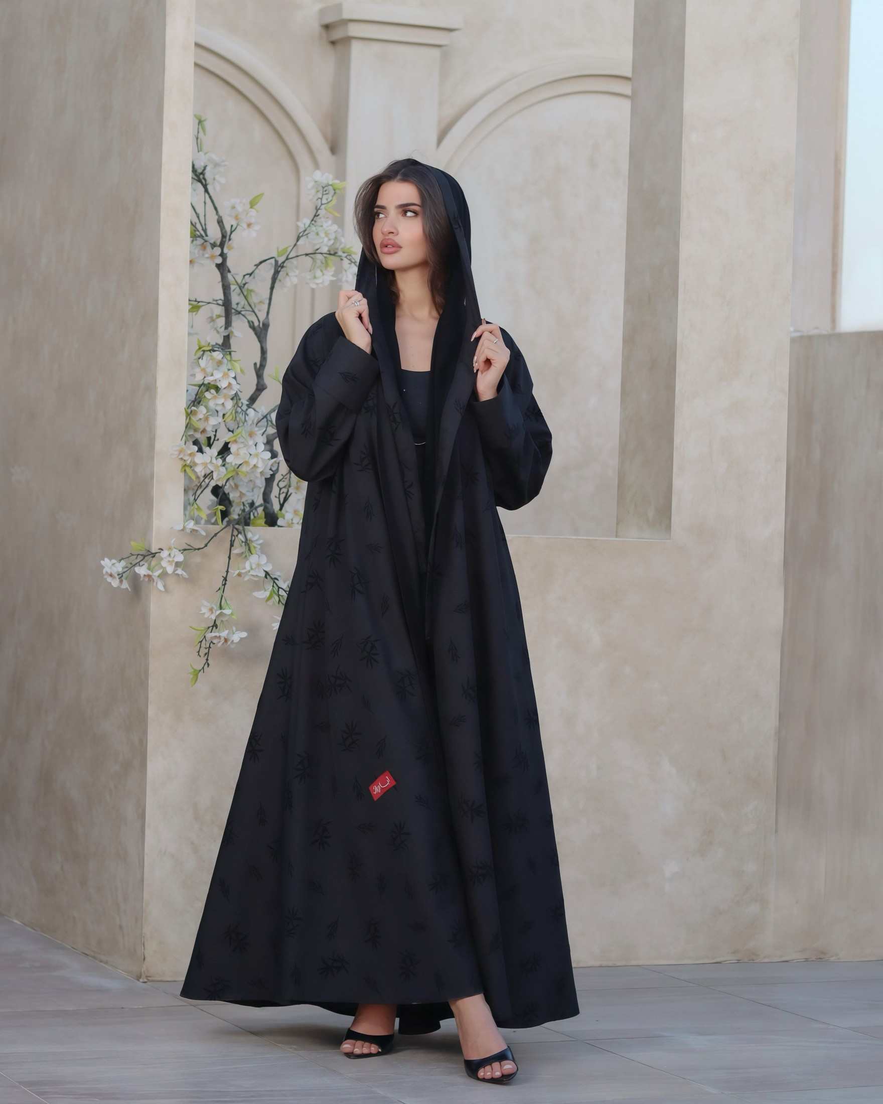 MWT701 -  Black abaya with black floral embroidery |  عباية سودا بتطريز مورد - Aya