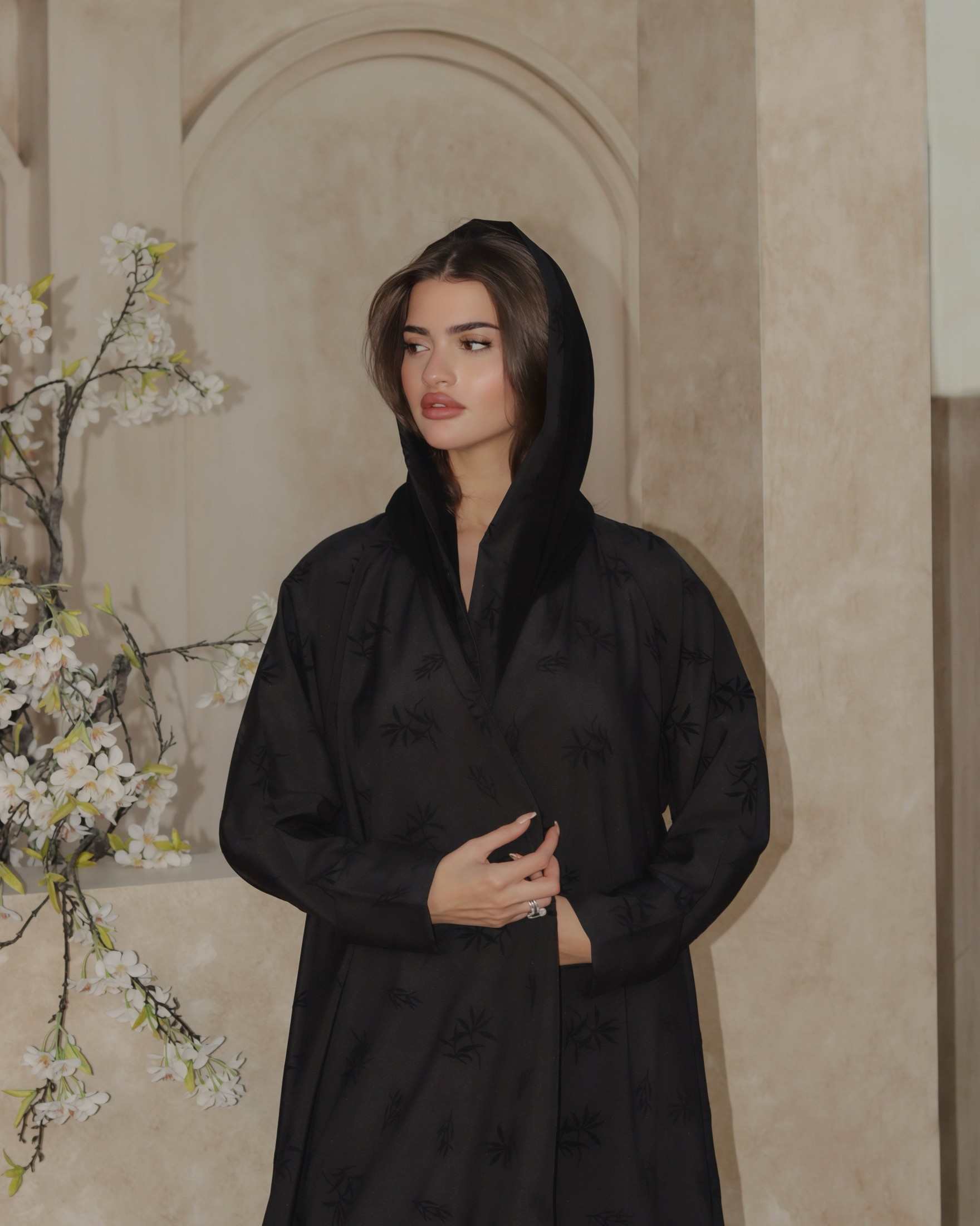 MWT701 -  Black abaya with black floral embroidery |  عباية سودا بتطريز مورد - Aya