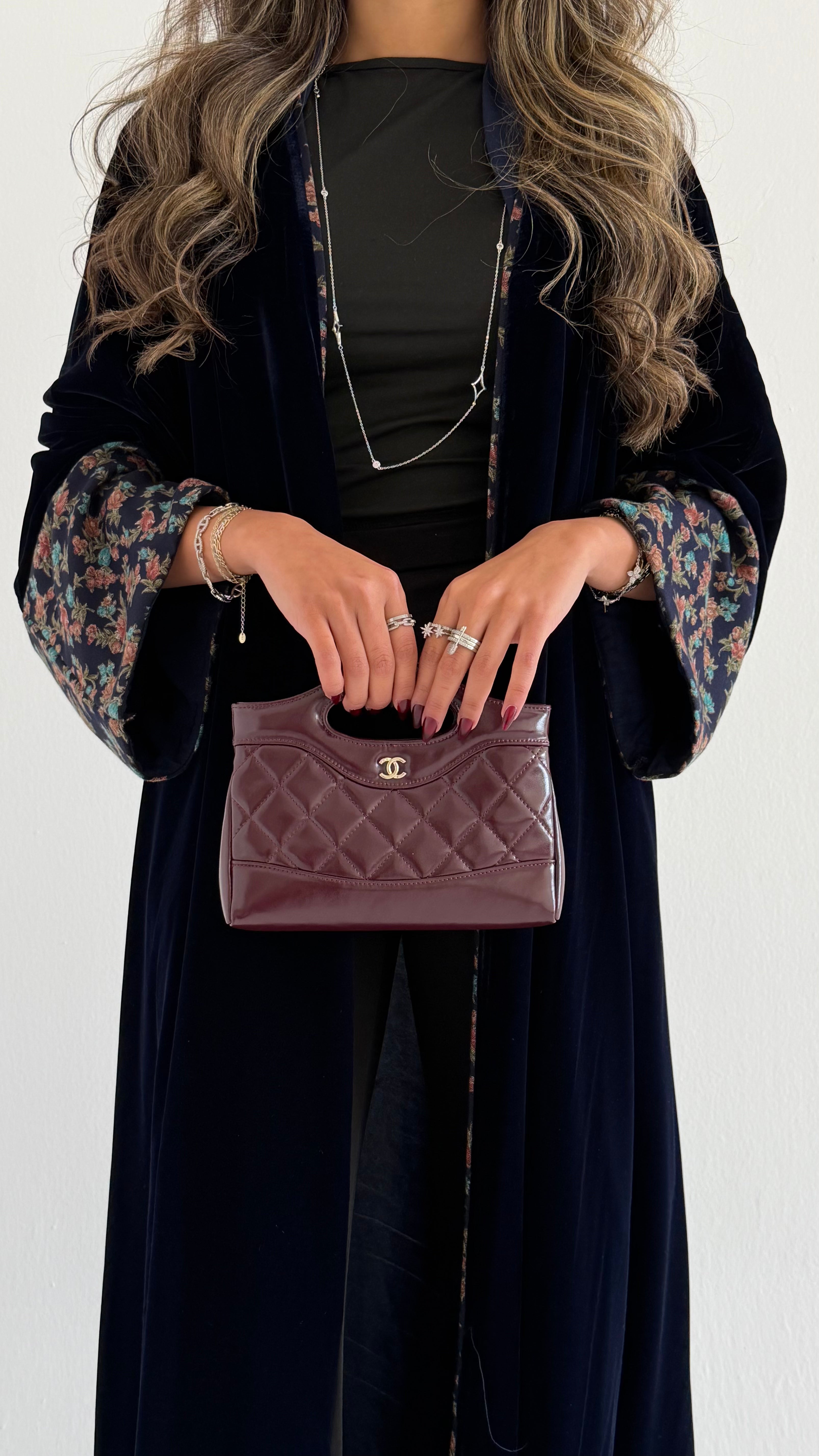 MWT708 - عباية مخمل مع تدخيلة كشميري كحلي  | Velvet abaya with Navy Kashmiri - Aya