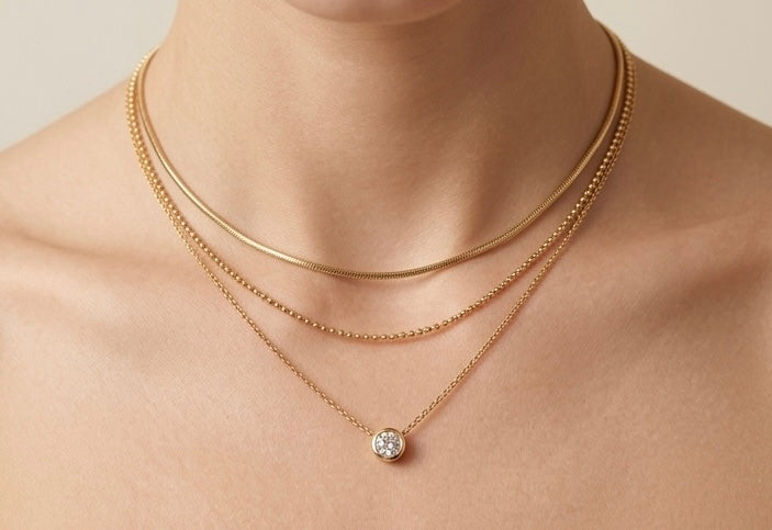 MWAC018 -  عقد متعدد الطبقات مطلي ذهب  18بحجر زركون - Aya