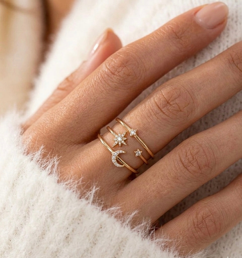 MWAC001 - خاتم نجمة وقمر زركون كريستال قابل للتعديل - Aya