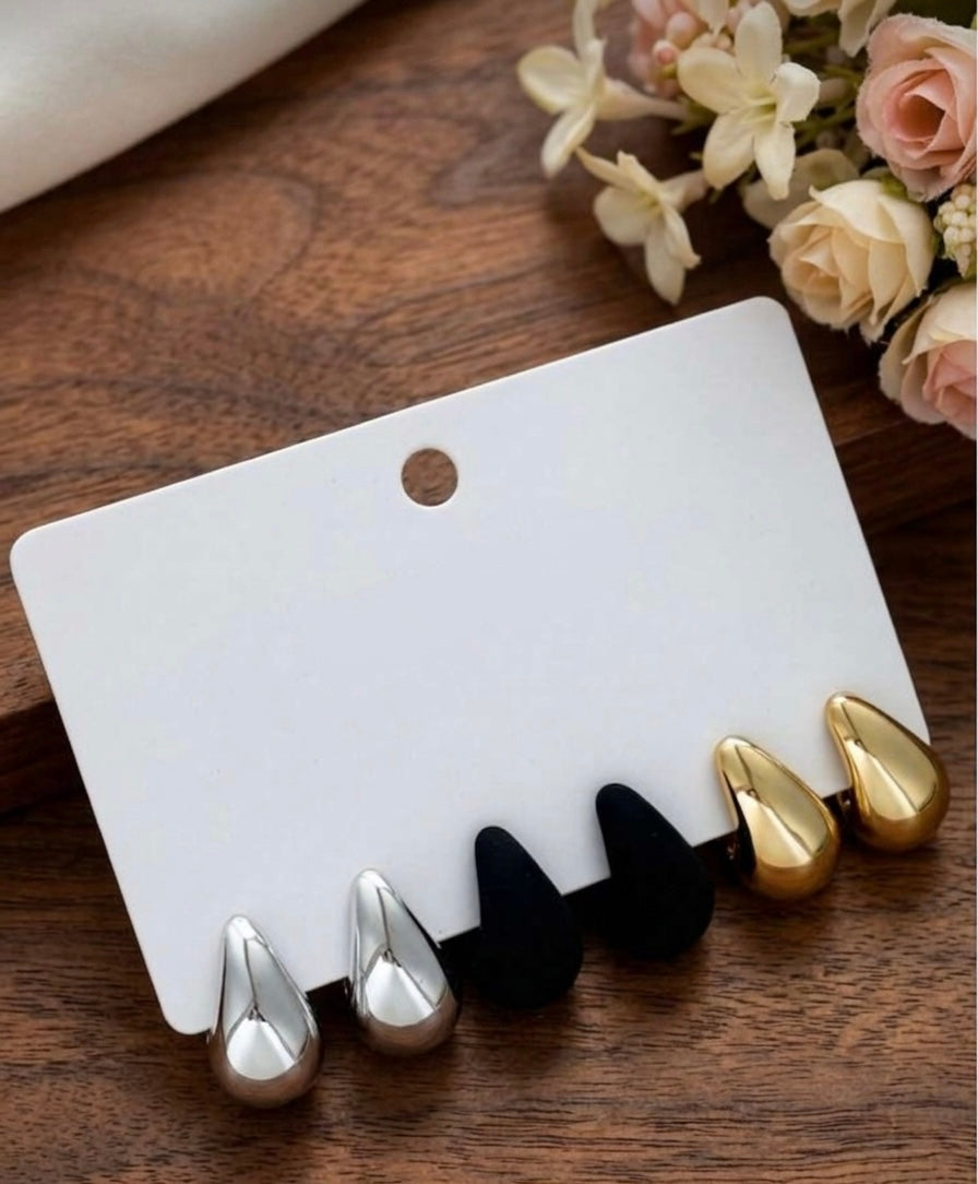 MWAC023 - طقم 3 أزواج حلقان قطرة ماء – ذهبي، أسود، فضي - Aya