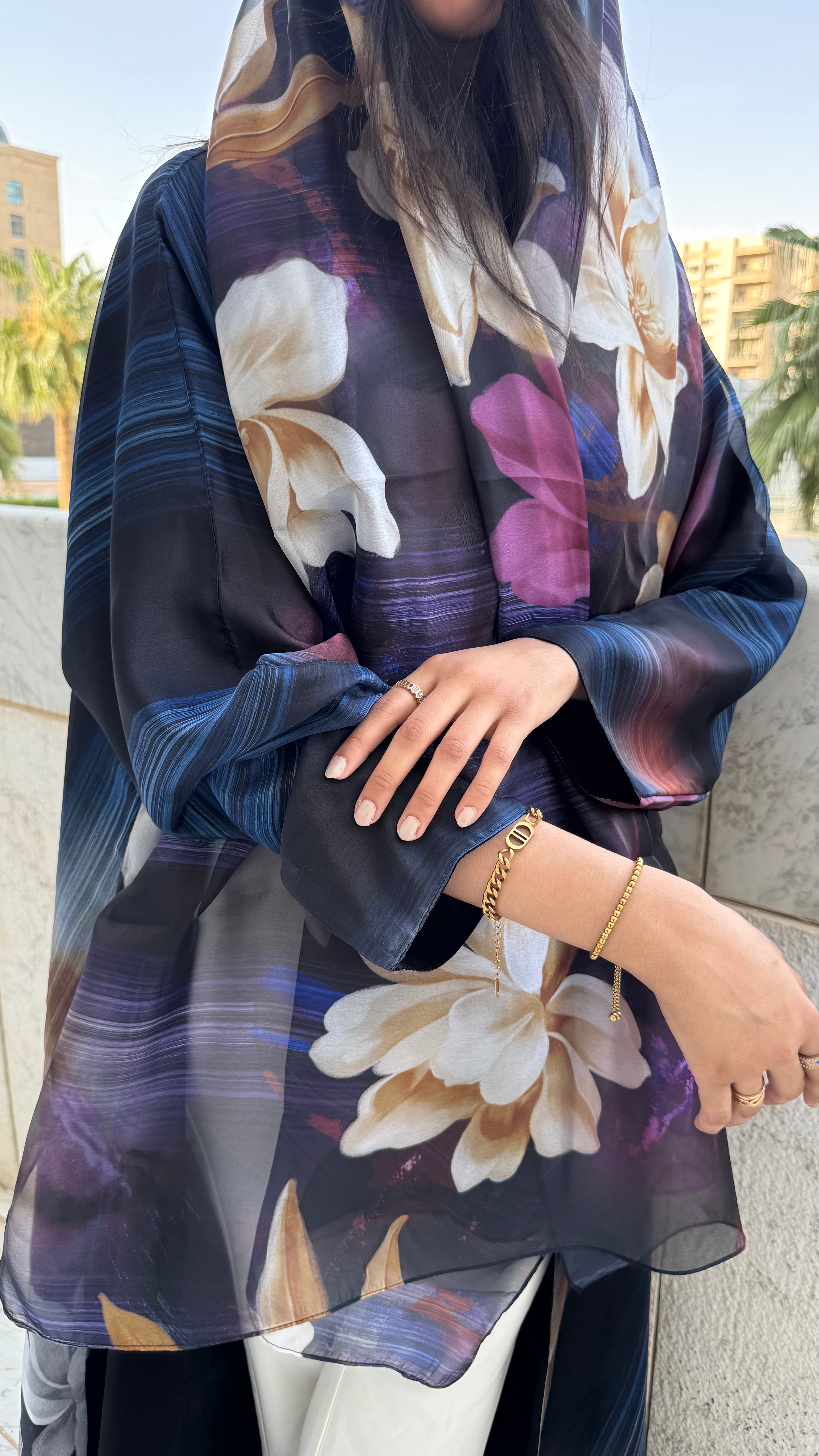 MW1562 -  عباية اورجنزه بنفسجي | Organza printed abaya - Aya