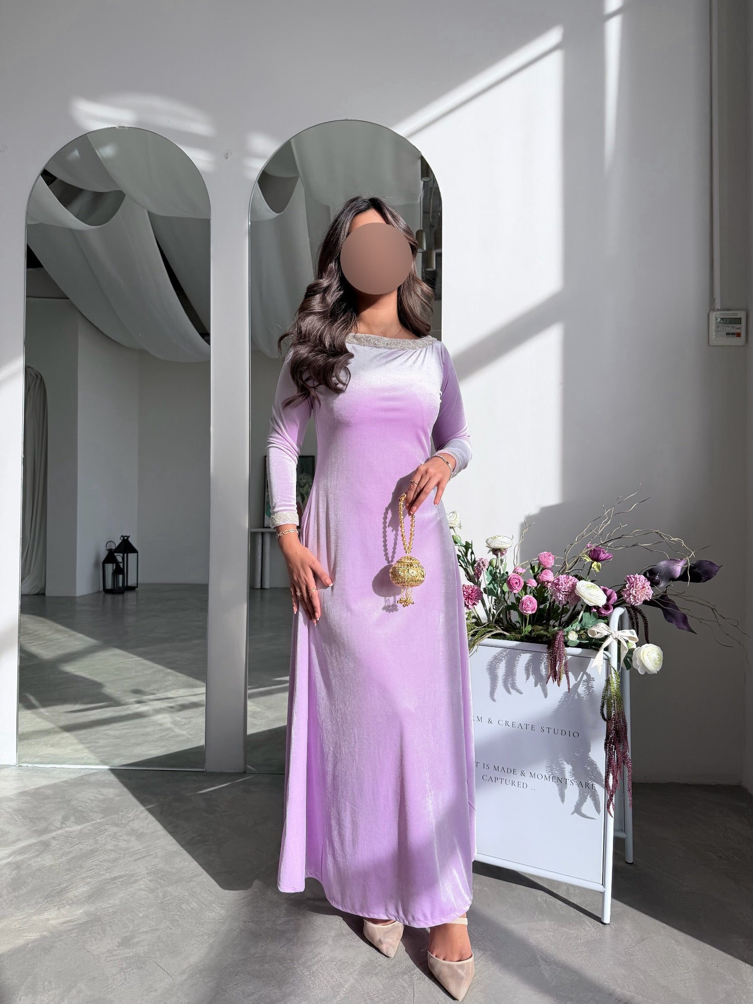 MWJ031 - جلابية مخمل سترتش موف فاتح و شك كلفة - Aya