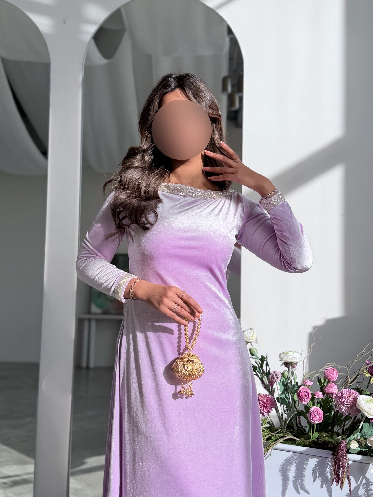 MWJ031 - جلابية مخمل سترتش موف فاتح و شك كلفة - Aya