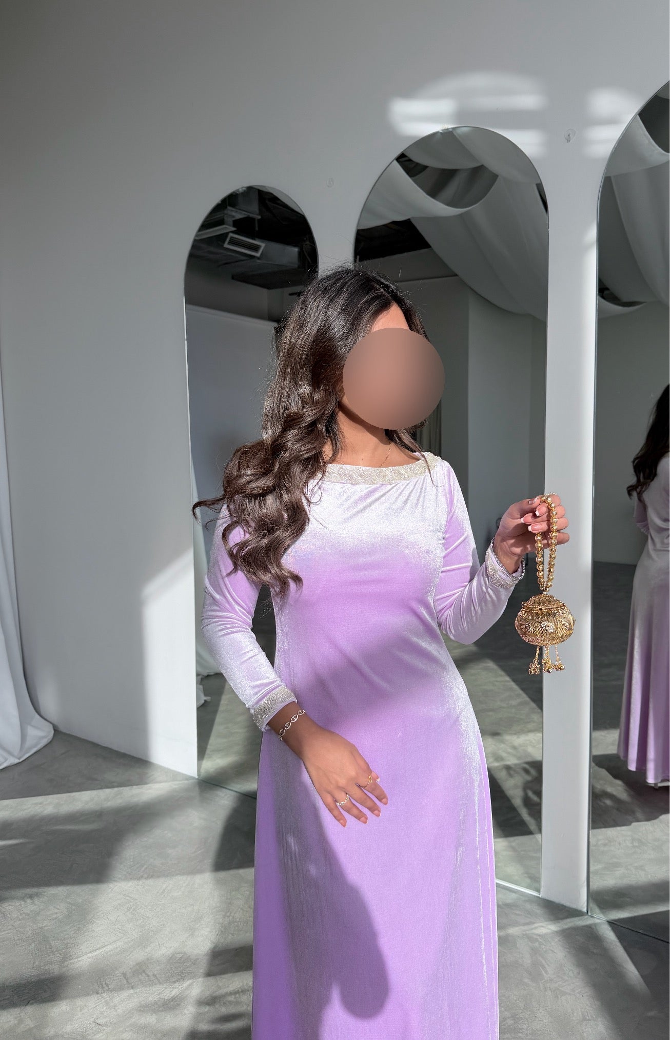 MWJ031 - جلابية مخمل سترتش موف فاتح و شك كلفة - Aya